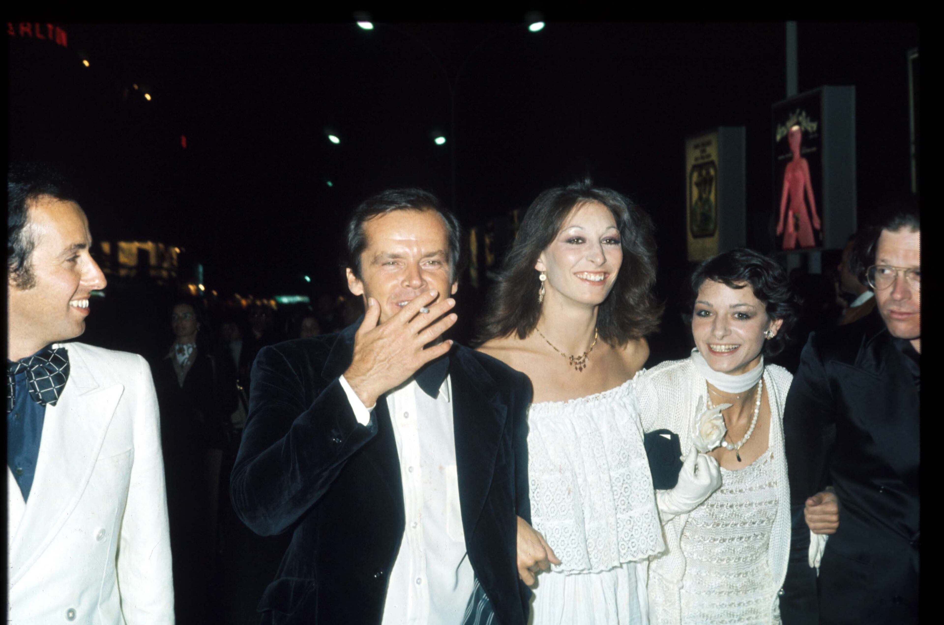 Actor Jack Nicholson stands with Anjelica Huston at the Cannes Film Festival in May 1974 in Cannes, France.