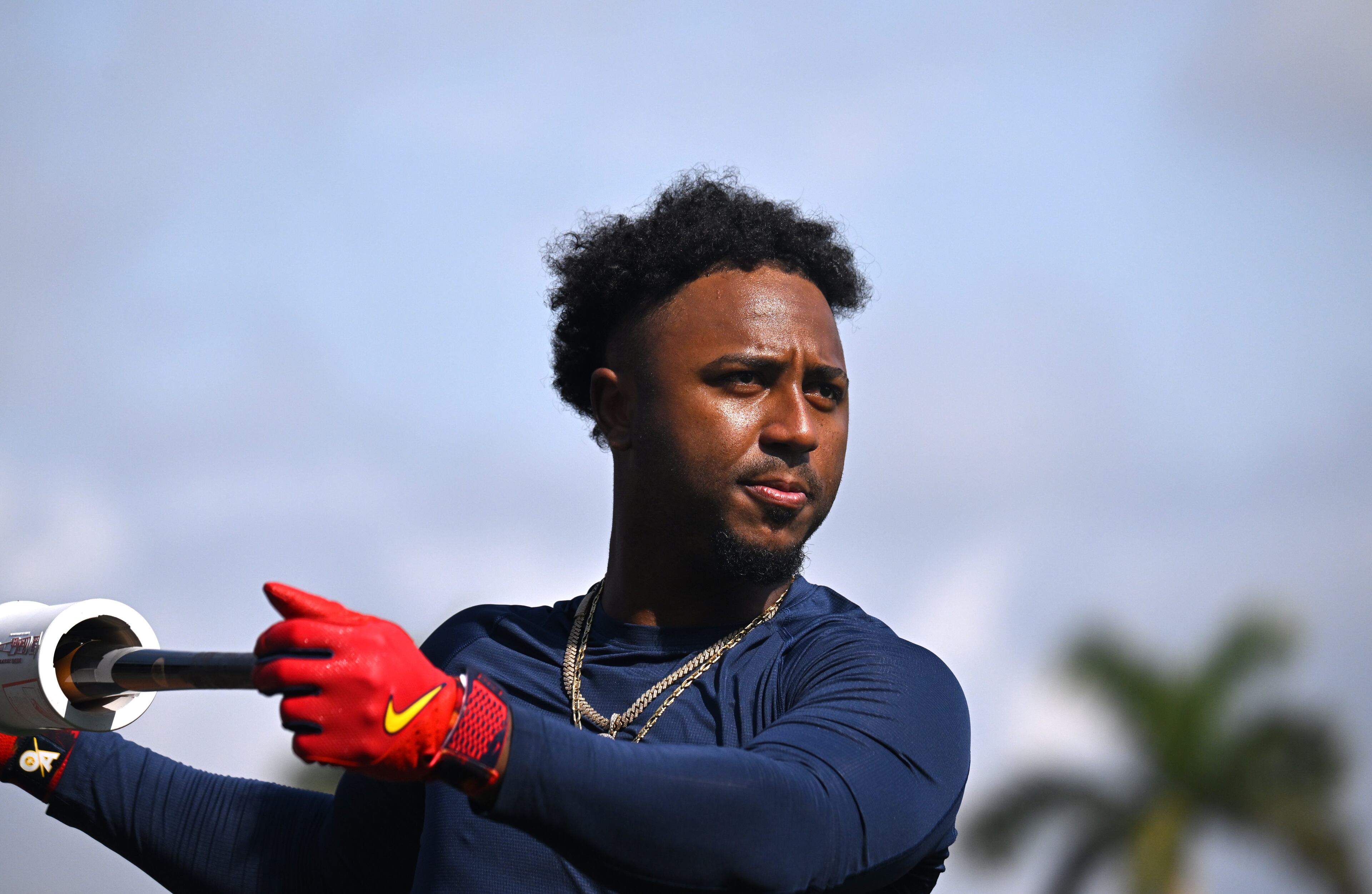 Atlanta Braves second baseman Ozzie Albies warms up before taking batting practice during spring training workouts at CoolToday Park, Saturday, February, 17, 2024, in North Port, Florida. (Hyosub Shin / Hyosub.Shin@ajc.com)