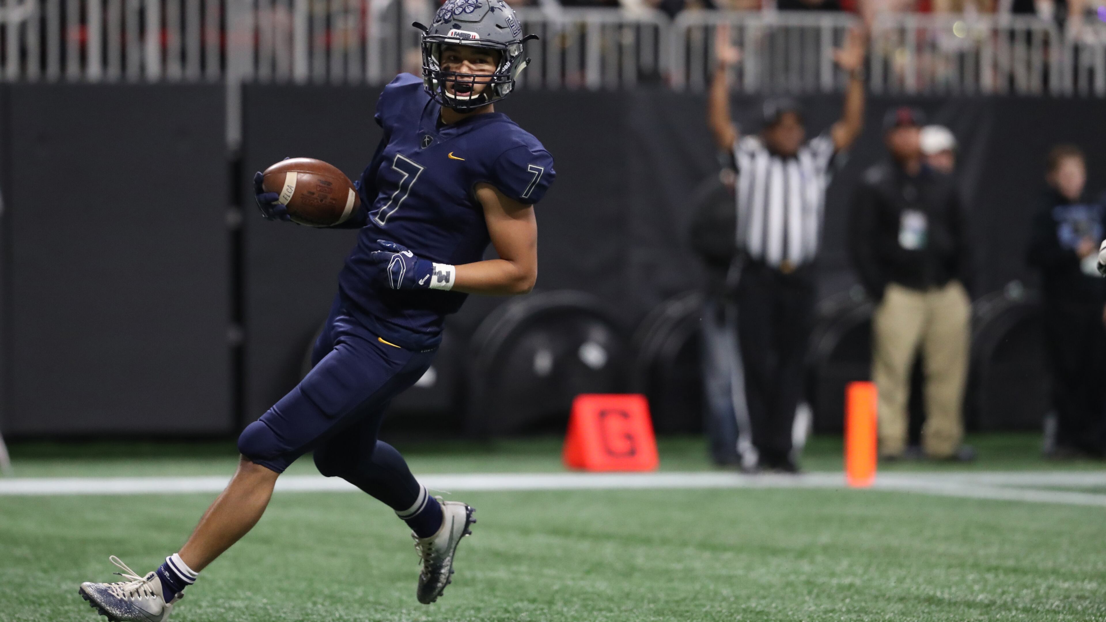 Eagle's Landing Christian wide receiver Sean Queen (7) scores a receiving touchdown in the second half of their game against Athens Academy during the Class A Private Championship Friday, Dec. 8, 2017, at Mercedes-Benz Stadium in Atlanta. Eagle's Landing Christian won 41-3.
