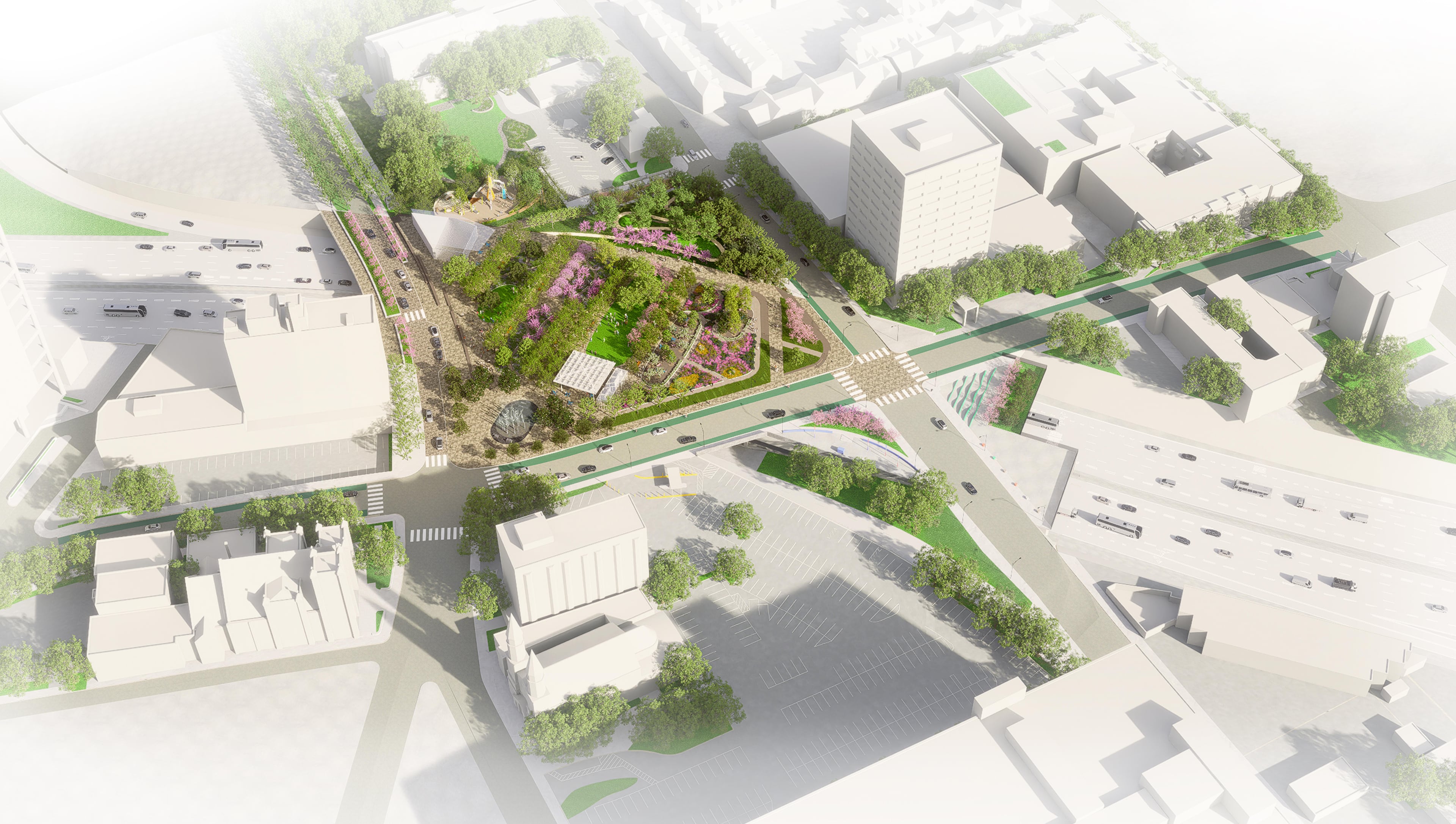 This is an aerial rendering of the first phase of the Stitch in downtown Atlanta. It was unveiled Wednesday, Oct. 22, 2025, during the inaugural Downtown Day hosted by Central Atlanta Progress and the Atlanta Downtown Improvement District. (Courtesy of Atlanta Downtown Improvement District)