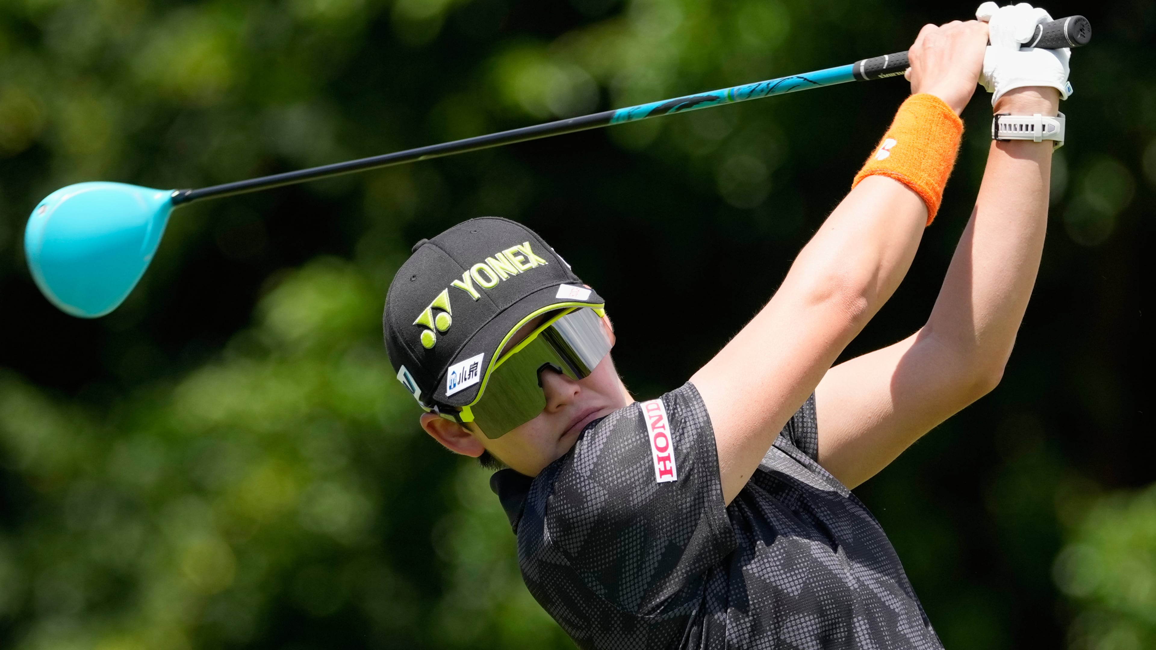 Aki Iwai, of Japan, drives from the 10th tee during the second round of the Women's PGA Championship golf tournament, Friday, June 26, 2026, in Chaska, Minn. (AP Photo/Chris Carlson)