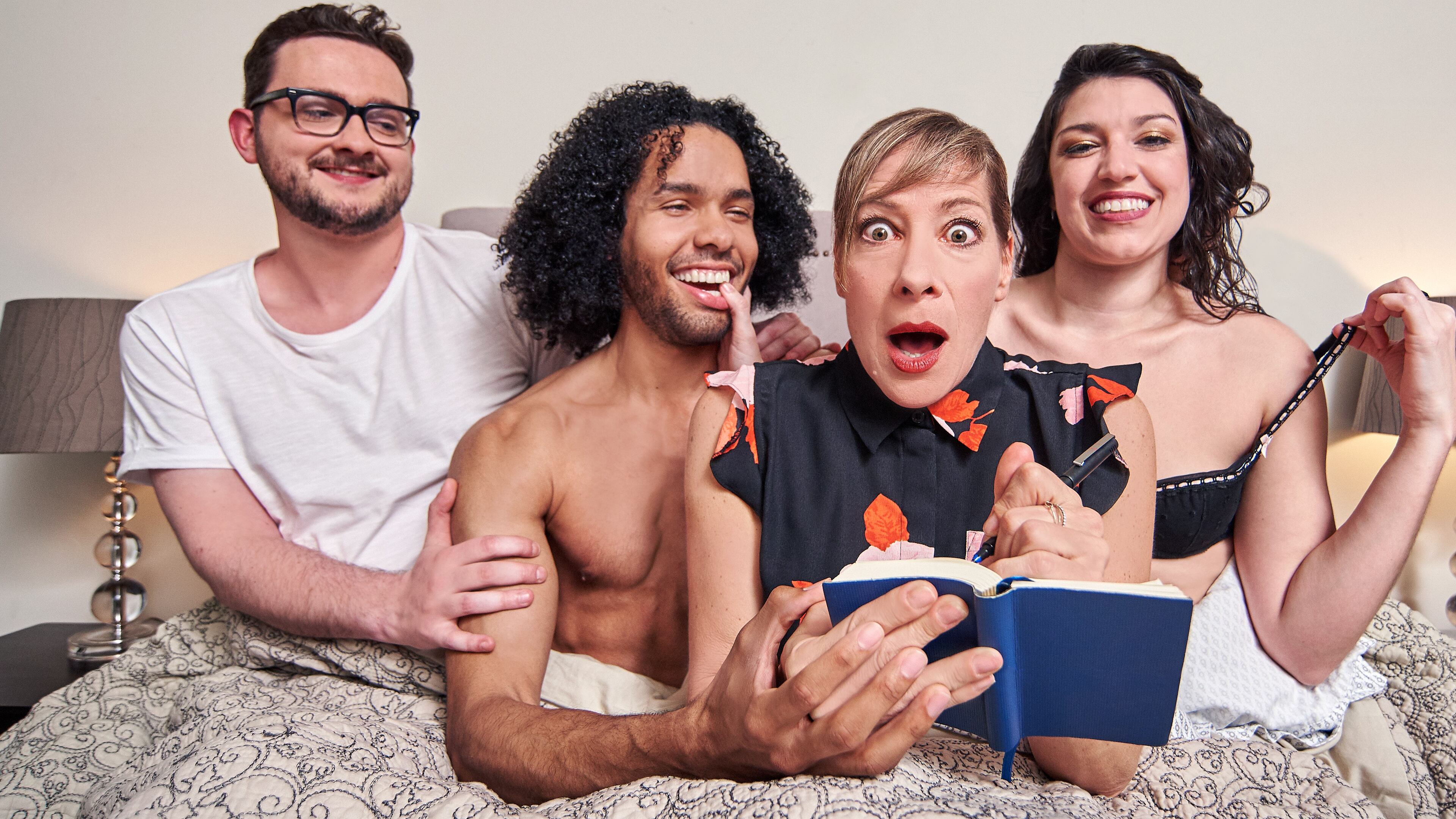 The cast of Atlanta playwright Daryl Fazio's "The Flower Room" at Actor's Express includes Matthew Busch (from left), Joshua Quinn, Stacy Melich and Eliana Marianes. PHOTO CREDIT: Christopher Bartelski