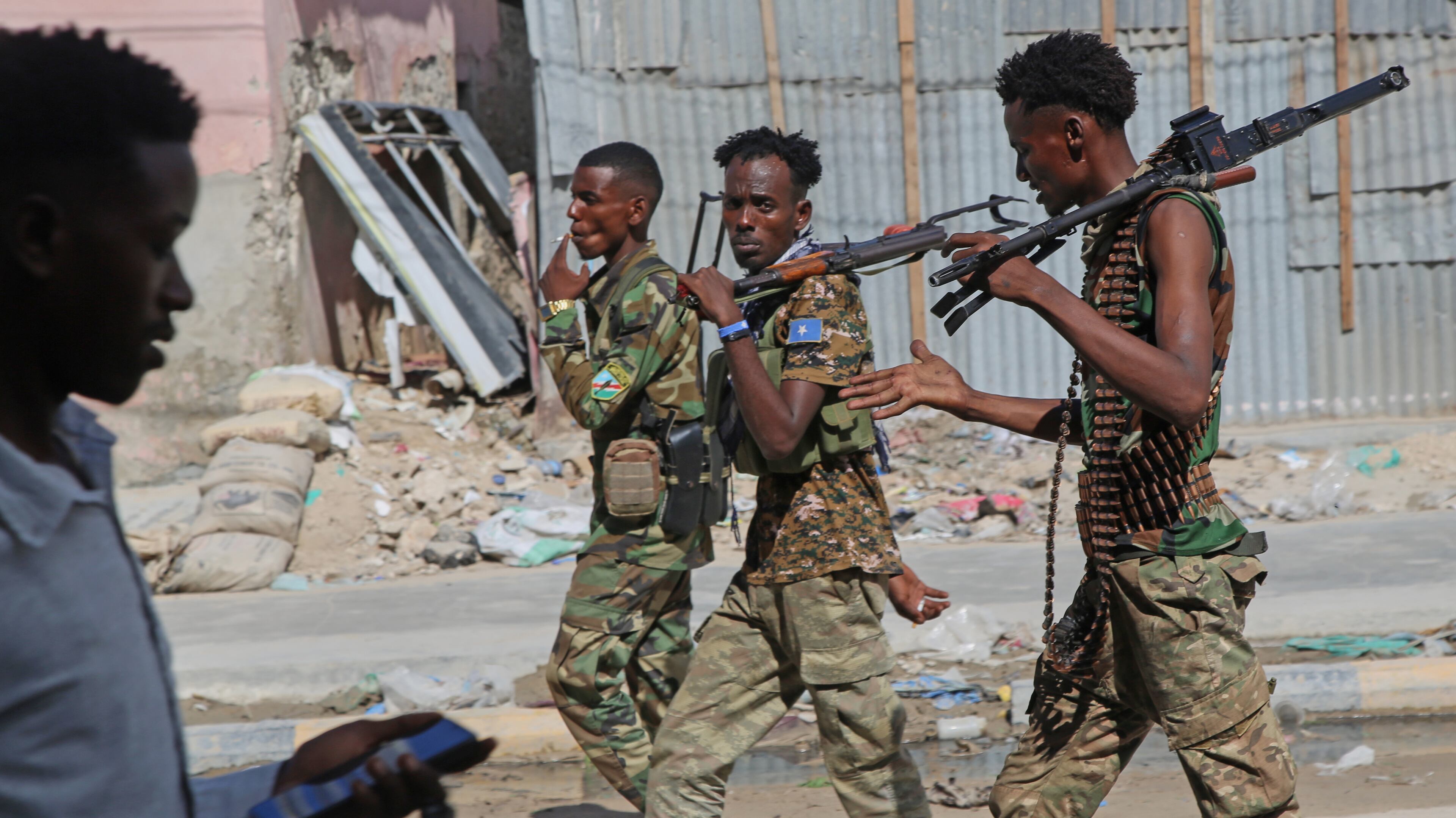 Somali soldiers patrol a street after supporters of opposition political figures and state security forces clashed in Mogadishu, Somalia, Thursday, June 4, 2026. (AP Photo/Farah Abdi Warsameh)