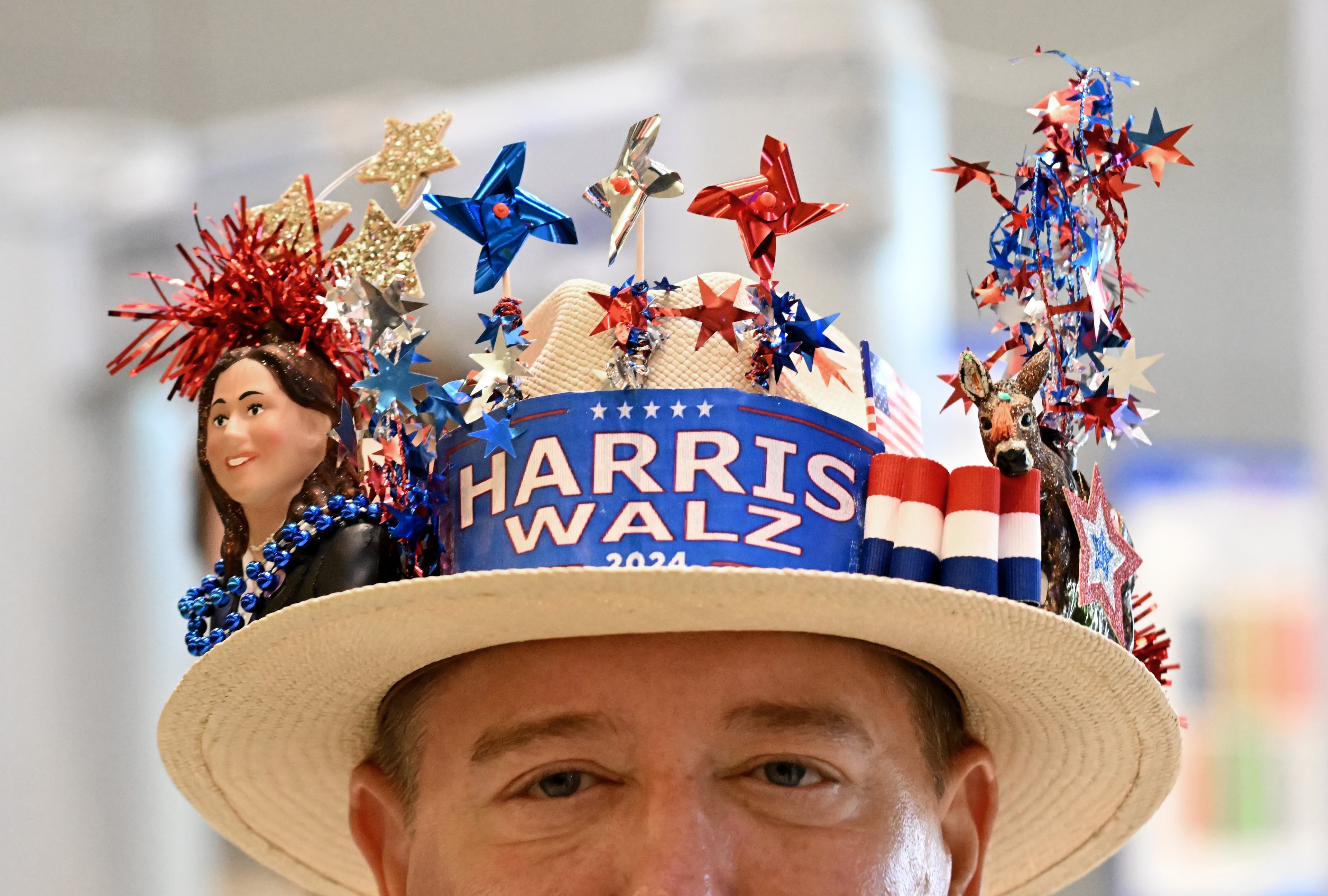 Matthew Rothschild, delegate from California, wears his decorated hat during the day 1 of the Democratic National Convention at he United Center, Monday, August 19, 2024, in Chicago, Illinois. (Hyosub Shin / AJC)