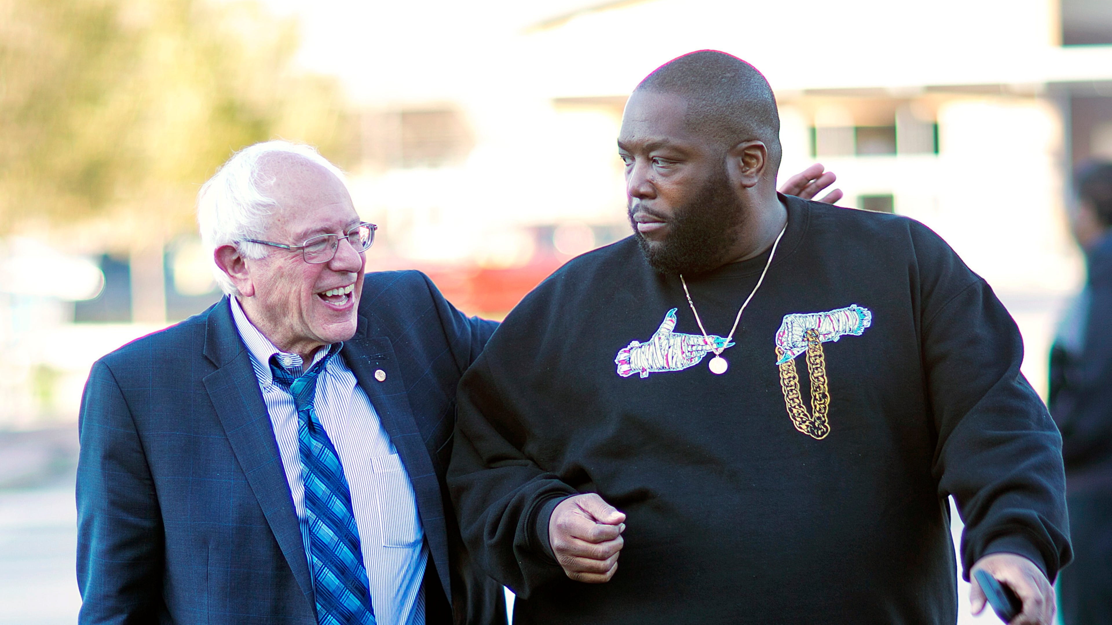 Democratic presidential candidate U.S. Sen. Bernie Sanders, I-Vt. left, walks in with rapper Killer Mike for a visit to the Busy Bee Café in Atlanta. AP file/David Goldman