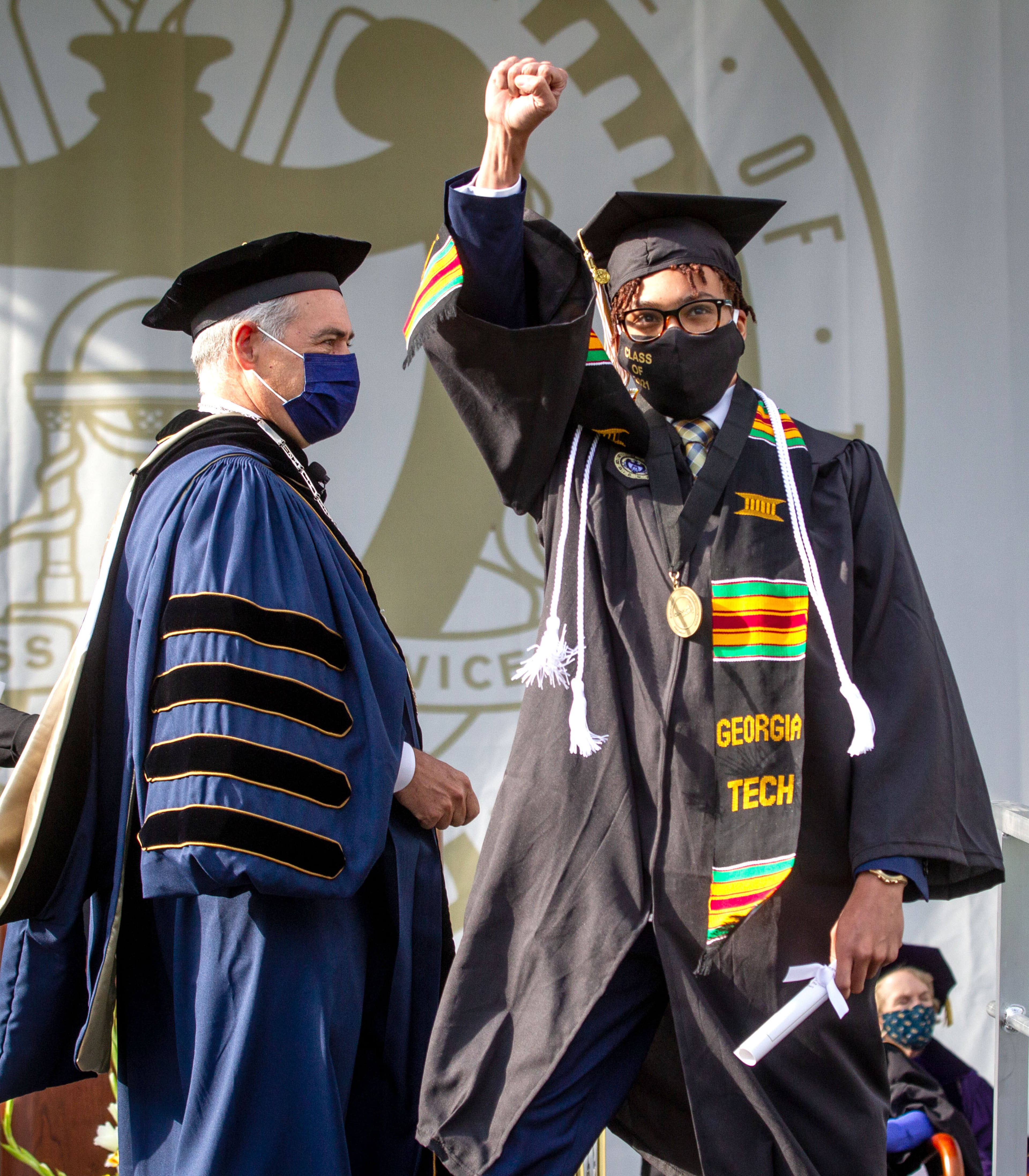 Graduates celebrate after receiving their diplomas during the Georgia Tech 2021 commencement ceremony on Saturday, May 8, 2021. Two ceremonies were held Saturday for bachelor’s degree recipients, and master's and doctoral graduates' ceremonies were held Friday. (Photo: Steve Schaefer for The Atlanta Journal-Constitution)