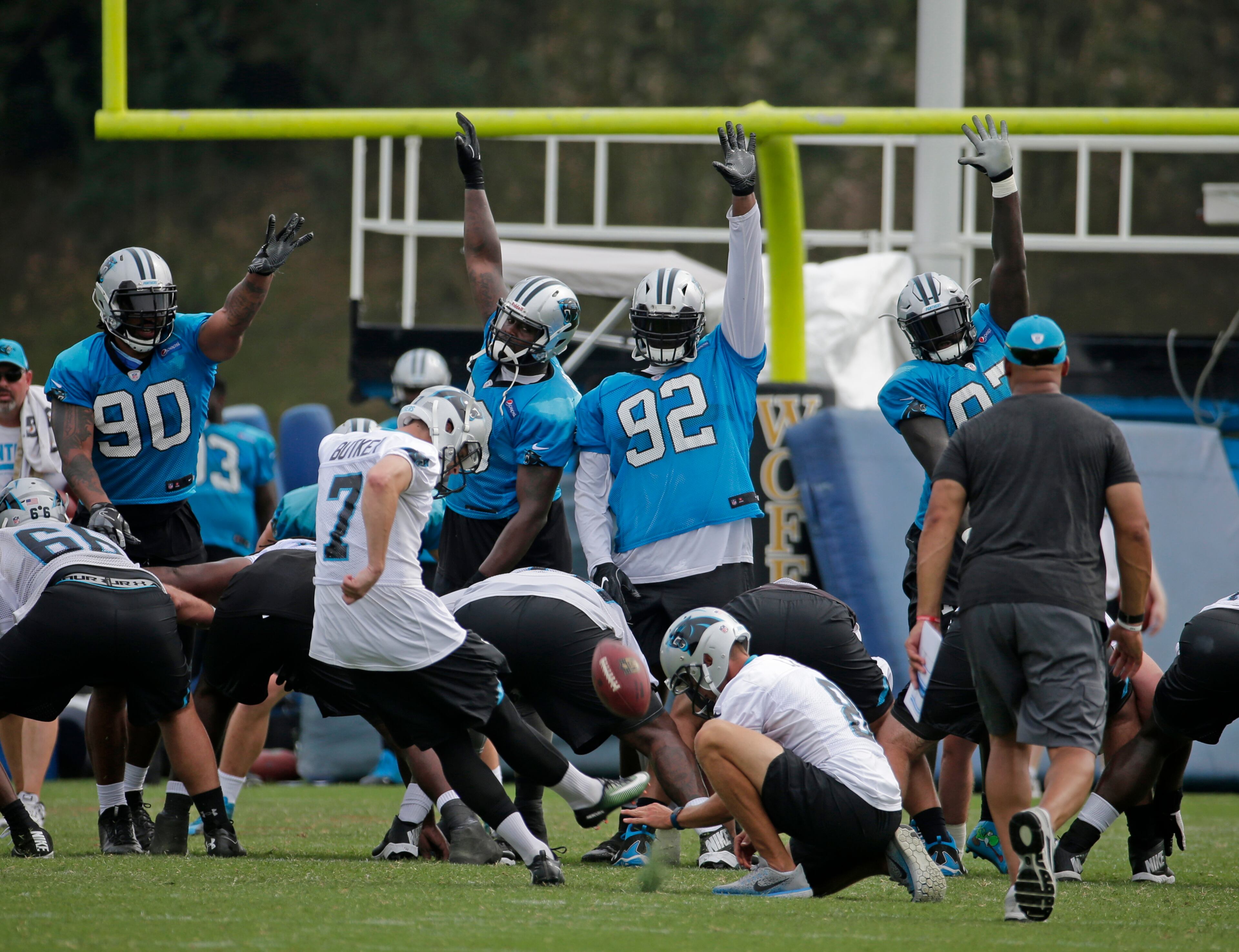 Former Georgia Tech kicker Harrison Butker (7) made a 51-yard field goal in his first game for the Carolina Panthers.