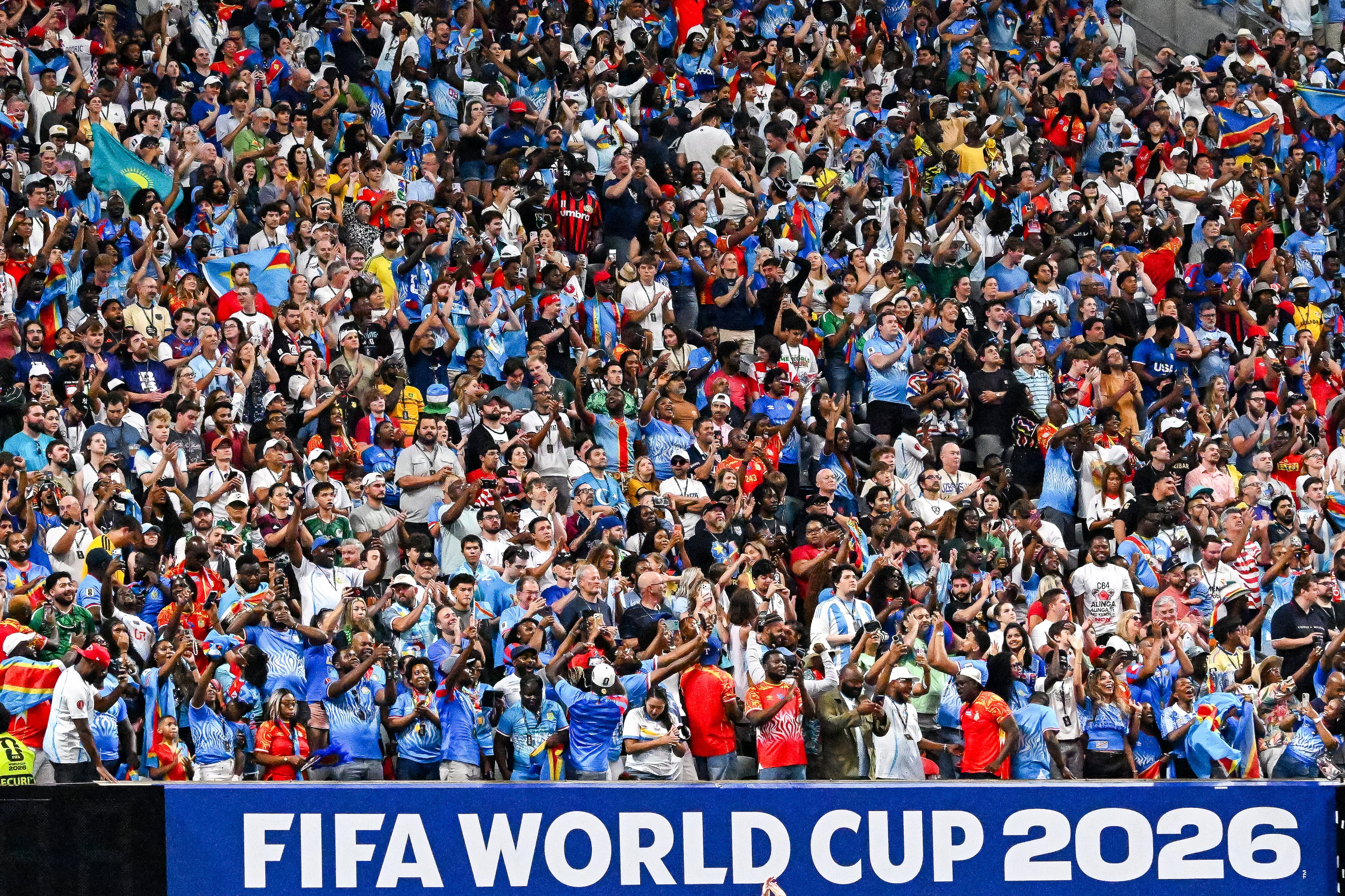 Congo fans cheer during the first half of a FIFA World Cup match at Atlanta Stadium (Mercedes-Benz Stadium) on Saturday, June 27, 2026, in Atlanta. (Hyosub Shin/AJC)