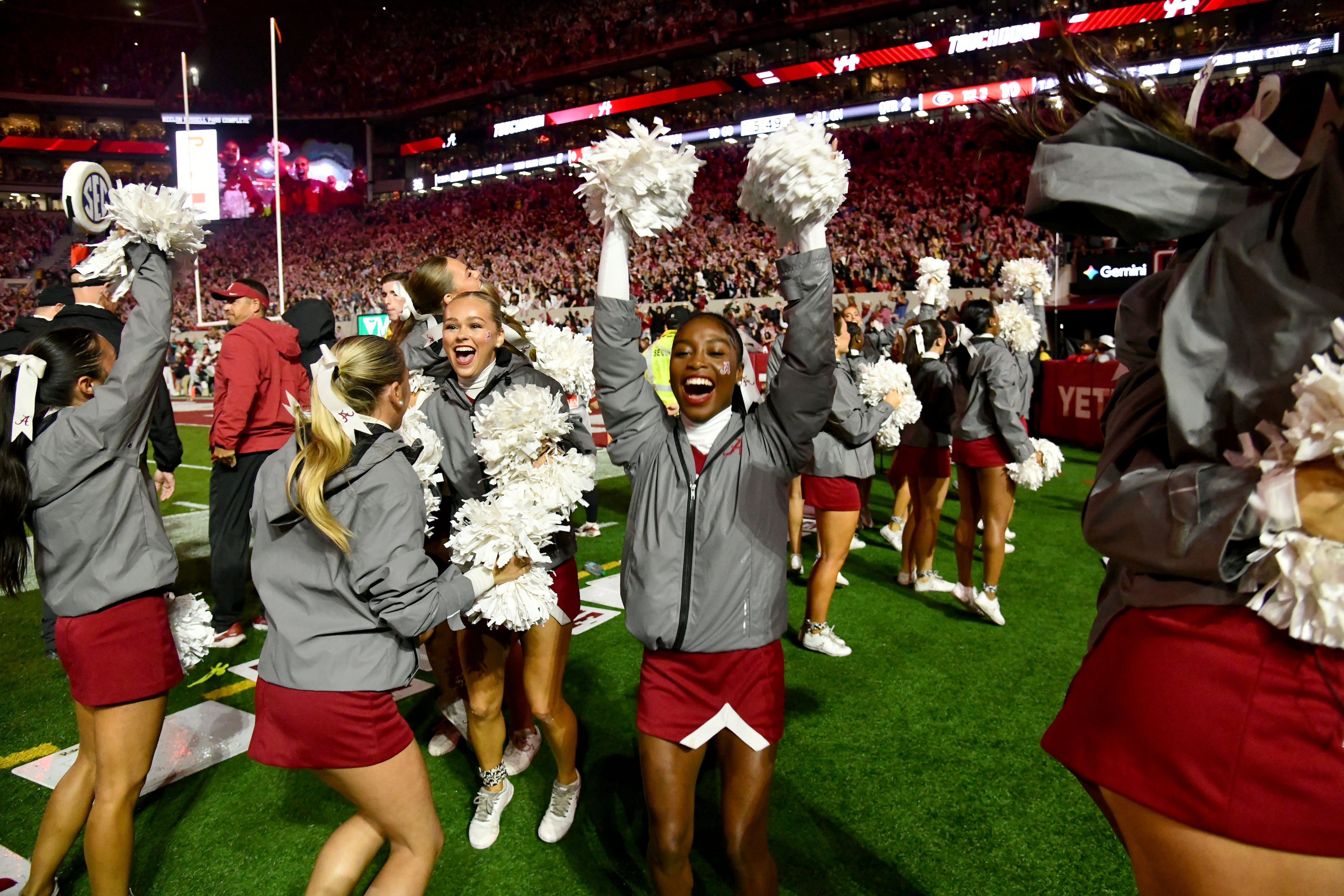 Alabama fans react after scoring during the first half in an NCAA football game at Bryant-Denny Stadium on Saturday, Oct. 10, 2026, in Tuscaloosa, Alabama. (Hyosub Shin/AJC)