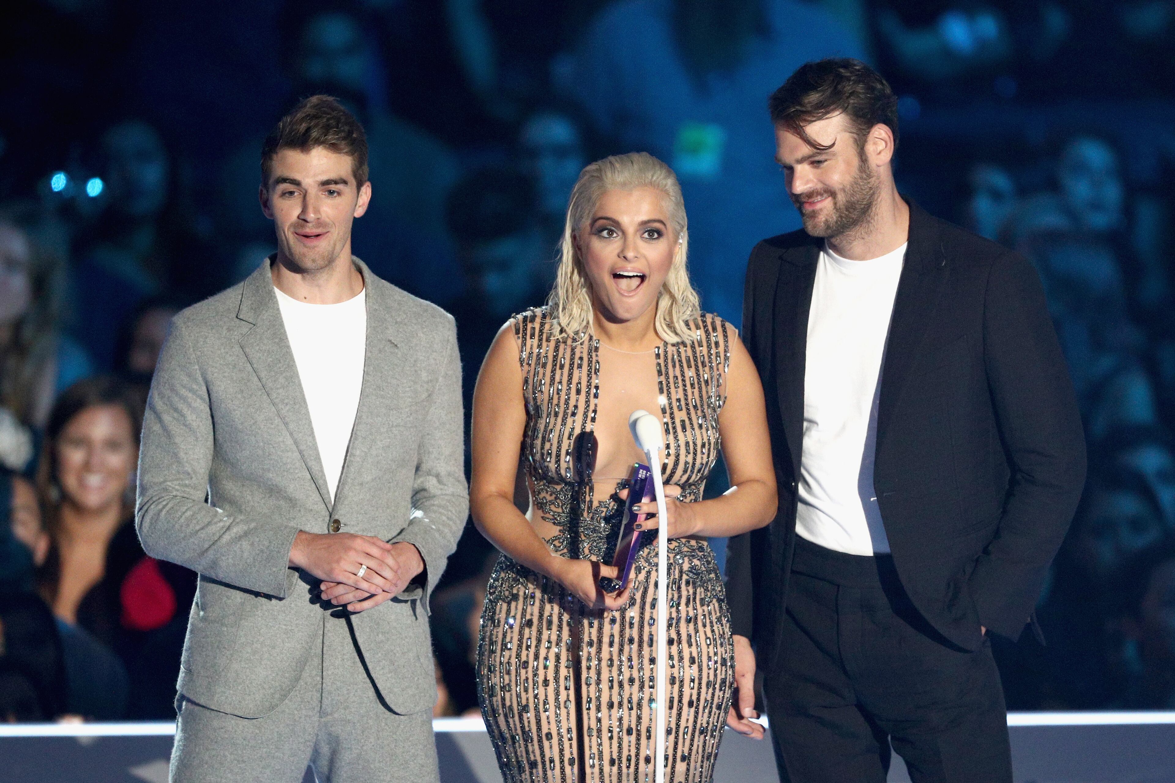 INGLEWOOD, CA - AUGUST 27: Bebe Rexha (C) and The Chainsmokers' Andrew Taggart (L) and Alex Pall (R) speak onstage during the 2017 MTV Video Music Awards at The Forum on August 27, 2017 in Inglewood, California. (Photo by Frederick M. Brown/Getty Images)