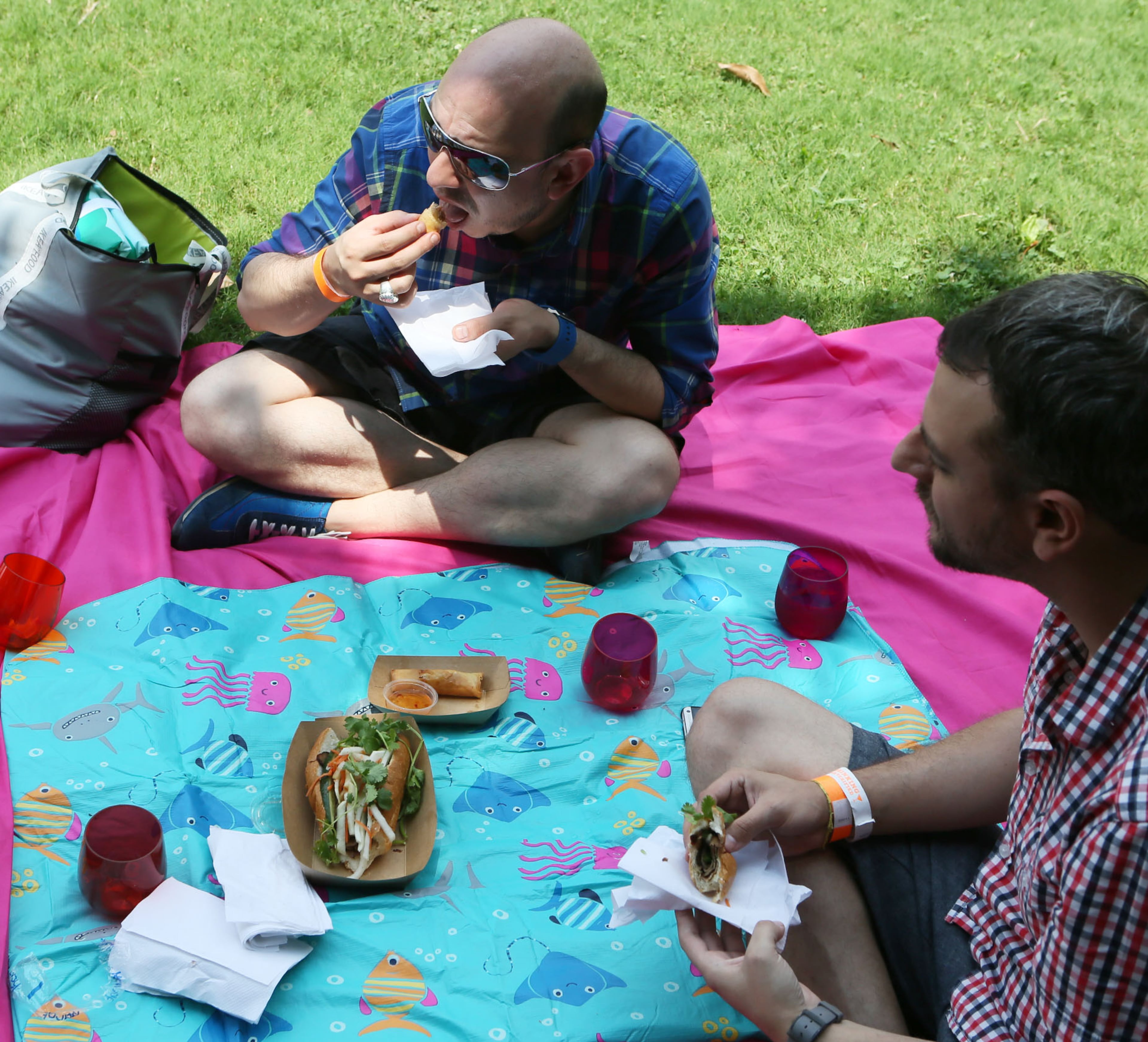 Oscar Martinez (left) & Arturo Ortiz enjoyed a picnic at the third annual Atlanta Street Food Festival at Piedmont Park in Atlanta on Saturday July 12th, 2014. More than 40 food trucks lined the park's walkway to offer a wide variety of cuisine. (Photo by Phil Skinner)