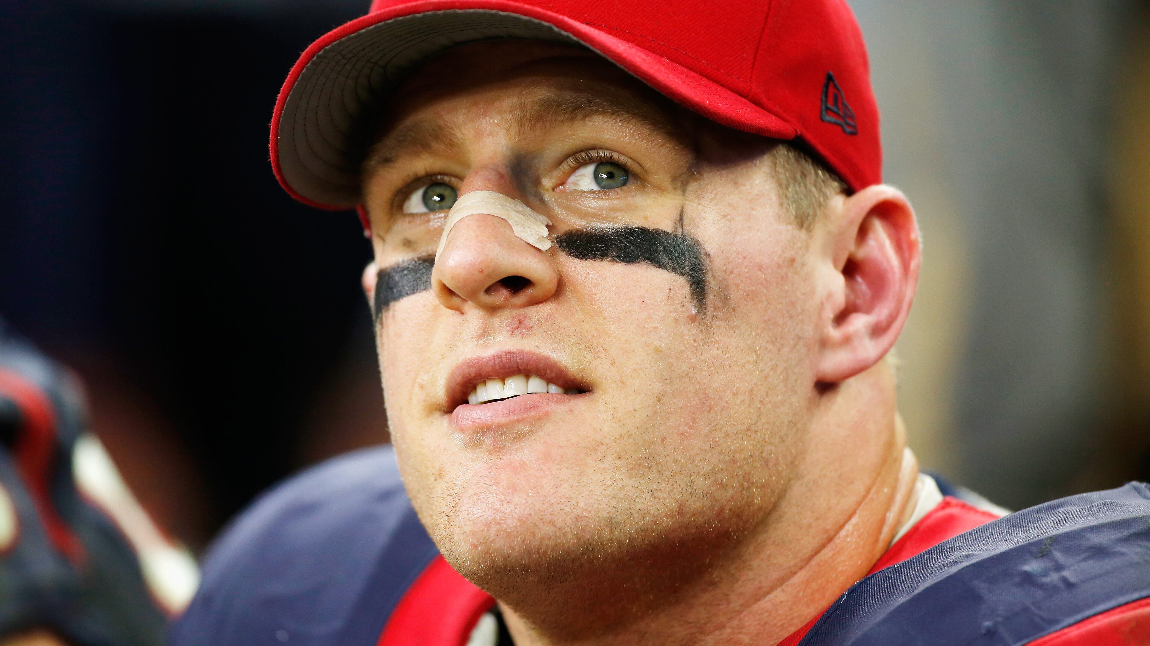 J.J. Watt of the Texans sits on the bench late in a 2014 game against the Jaguars at NRG Stadium in Houston. He and his teammates are keeping an eye on Hurricane Harvey has it heads for the east coast of Texas.