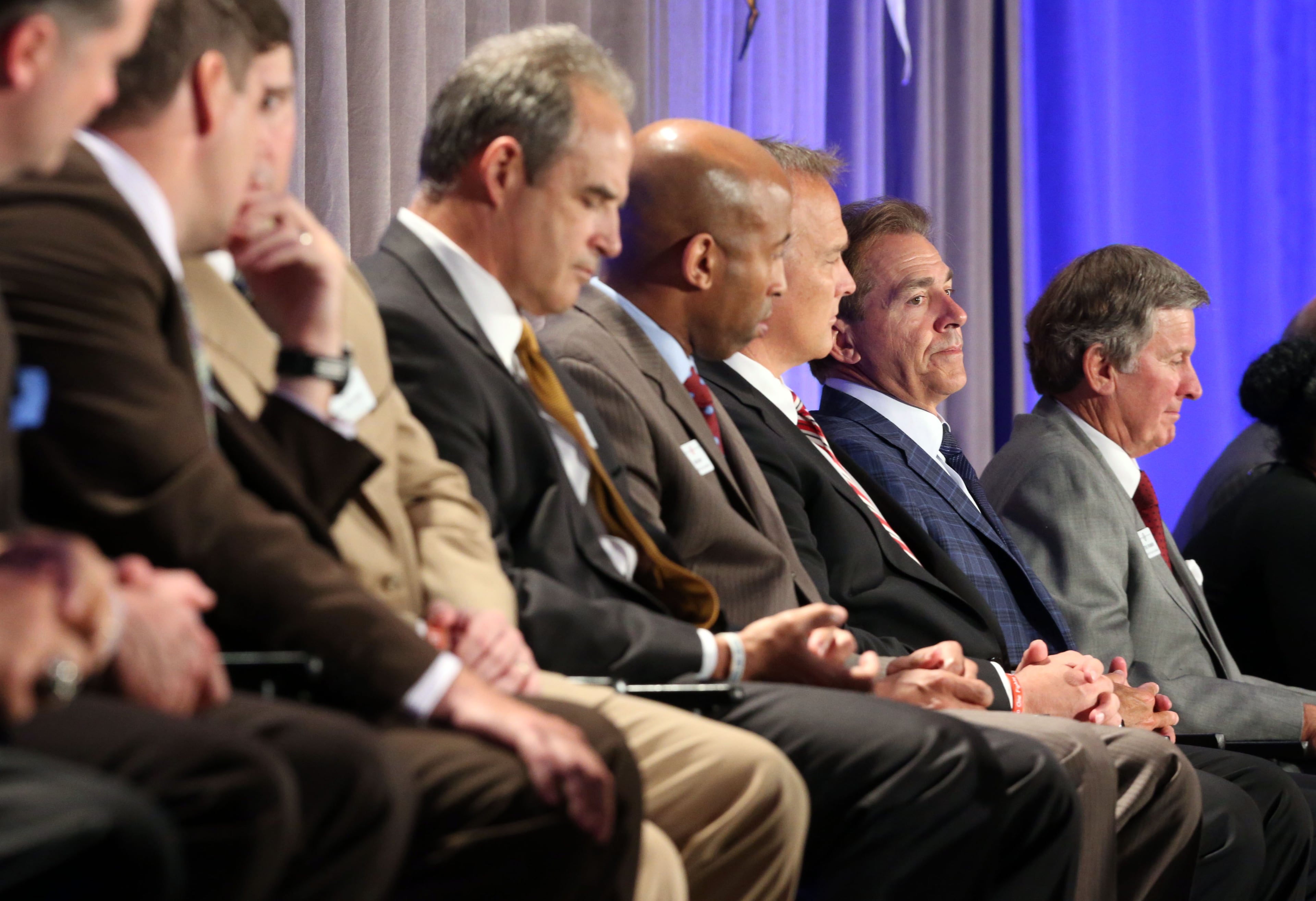 The network will produce 1,000 live events each year, including 450 televised on the network and 550 distributed digitally. University of Alabama football coach Nick Saban, second from left, was among the coaches assembled.