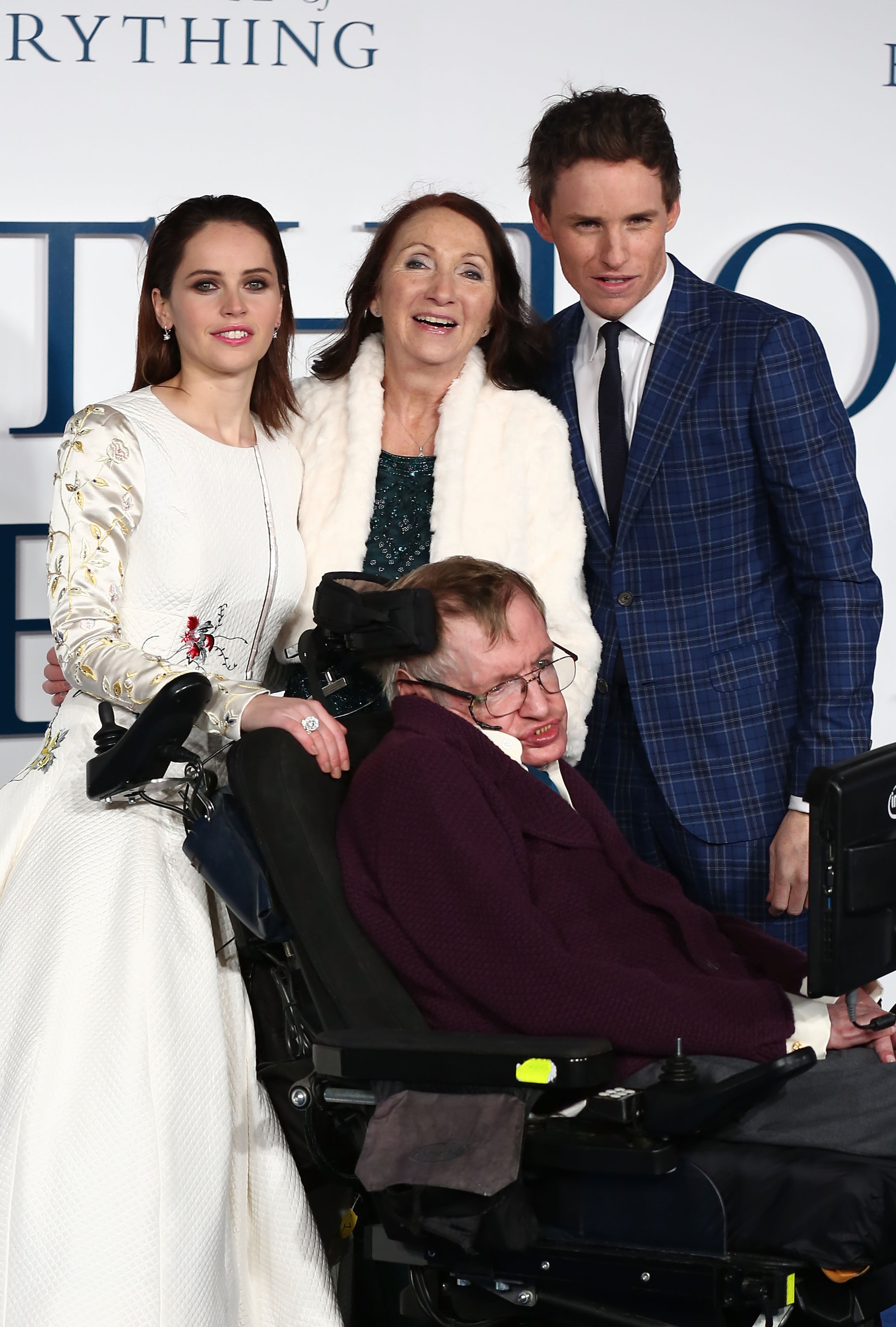 LONDON, ENGLAND - DECEMBER 09: Felicity Jones, Jane Hawking, Professor Stephen Hawking and Eddie Redmayne attend the UK Premiere of "The Theory Of Everything" at Odeon Leicester Square on December 9, 2014 in London, England. (Photo by Tim P. Whitby/Getty Images)