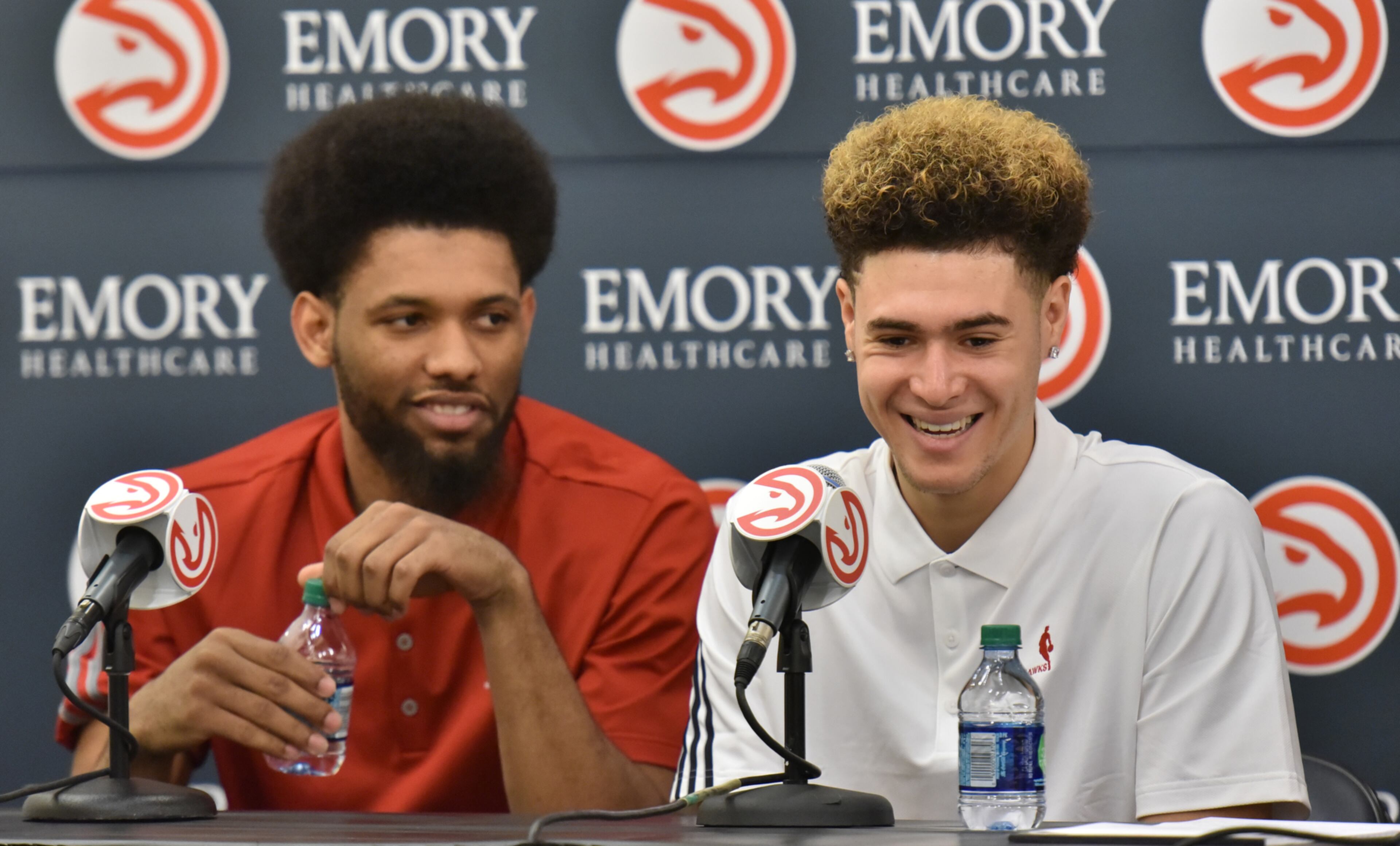 NEWEST HAWKS PRESENTED--June 28, 2016 Atlanta - DeAndre' Bembry (left) and Isaia Cordinier react during a press conference on Tuesday, June 28, 2016. The Hawks selected St. Joseph's University forward DeAndre' Bembry with the 21th overall pick in the first round and Isaia Cordinier in the second round (44th overall) of the 2016 NBA Draft. HYOSUB SHIN / HSHIN@AJC.COM