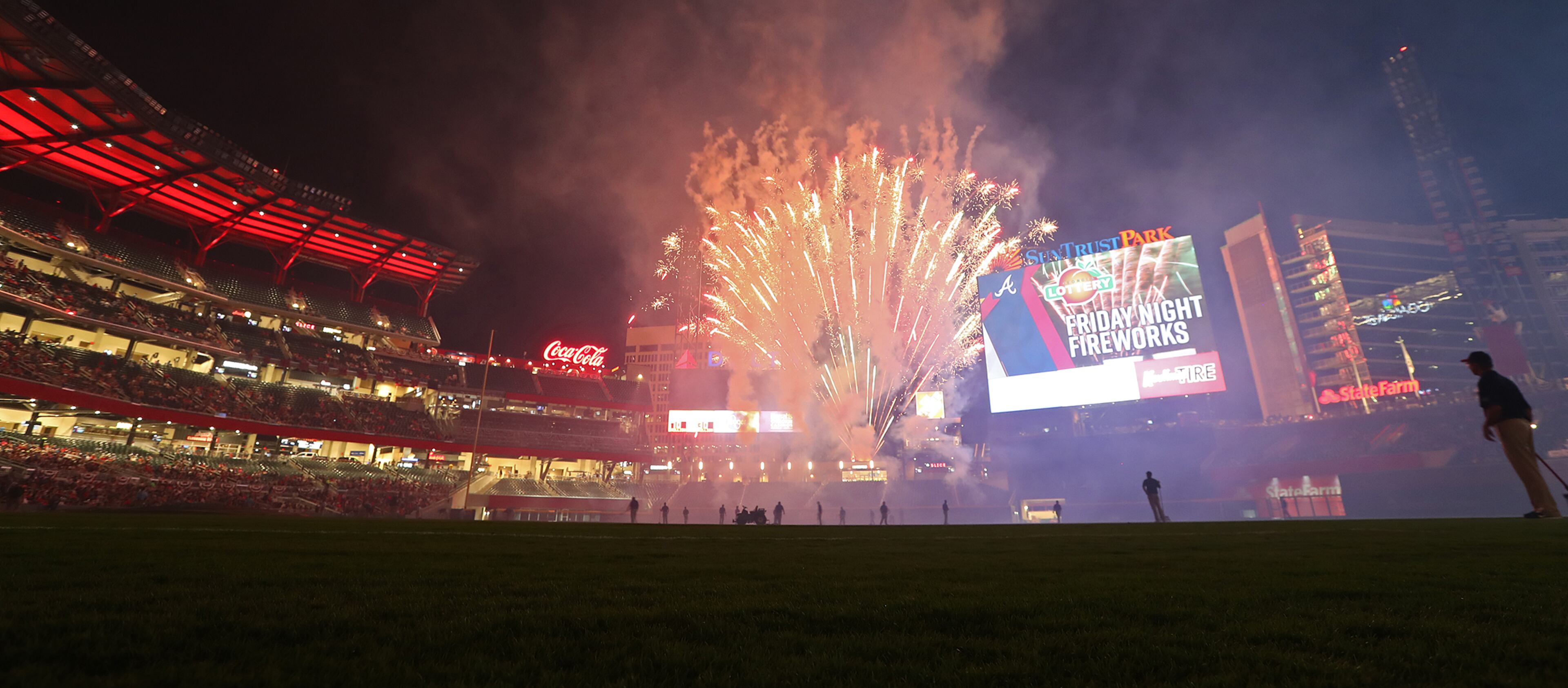 Fireworks top off the night at the conclusion of the Braves home opener in SunTrust Park on Friday, April 14, 2017, in Atlanta.