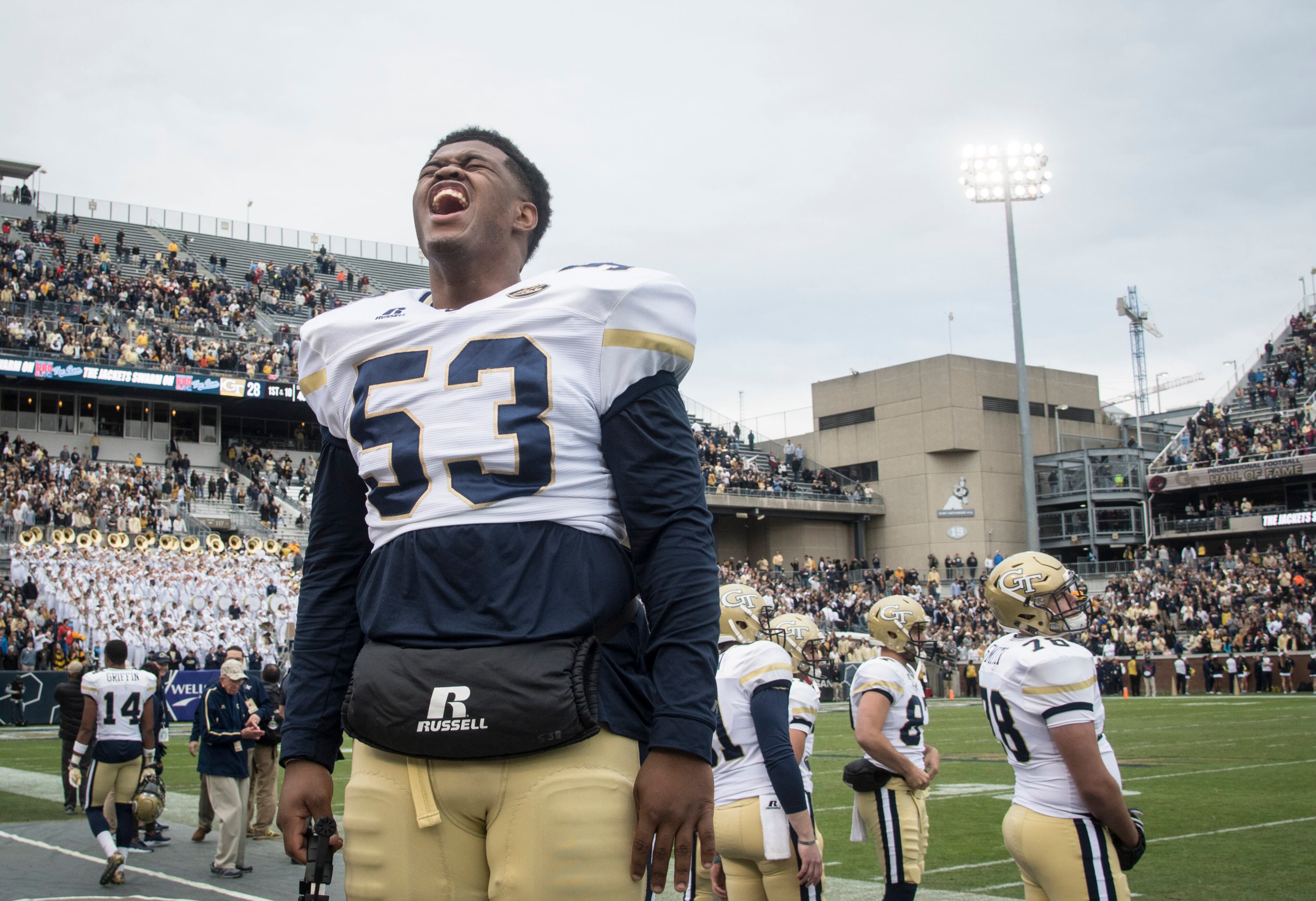 Georgia Tech Jahaziel Lee (53) celebrates as their football game goes into the final moments against Virginia Tech on Saturday, Nov.11, 2017, in Atlanta. (Photo/John Amis)