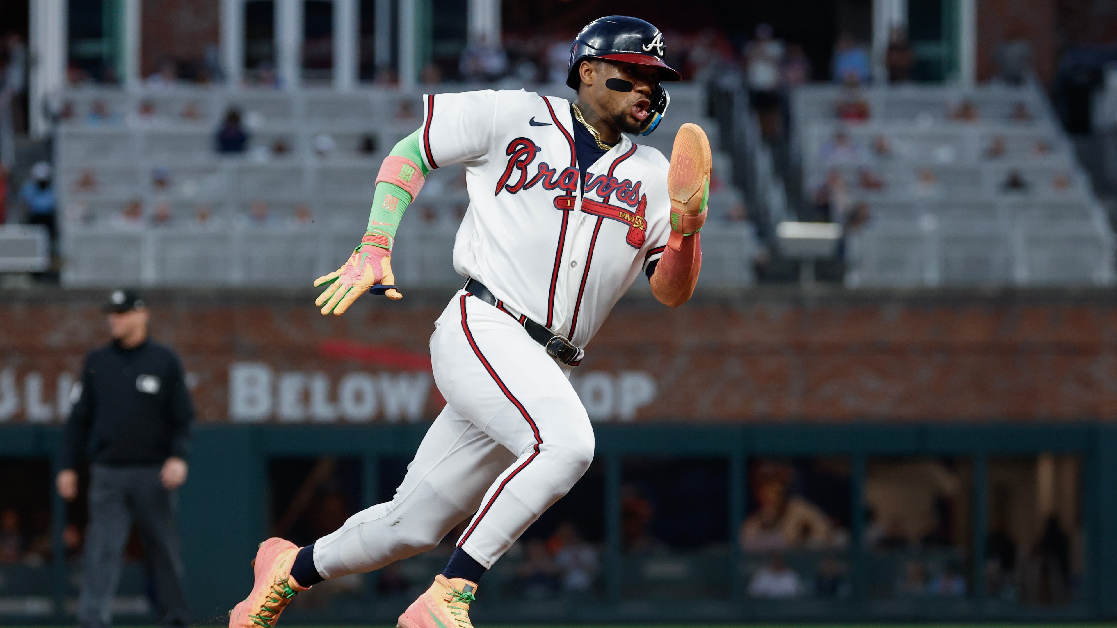 Atlanta Braves' Ronald Acuña Jr. runs from first base to score on a double by Michael Harris II, against the Cincinnati Reds during the first inning of a baseball game, Thursday, Sept. 24, 2026, in Atlanta. (AP Photo/Erik S. Lesser)