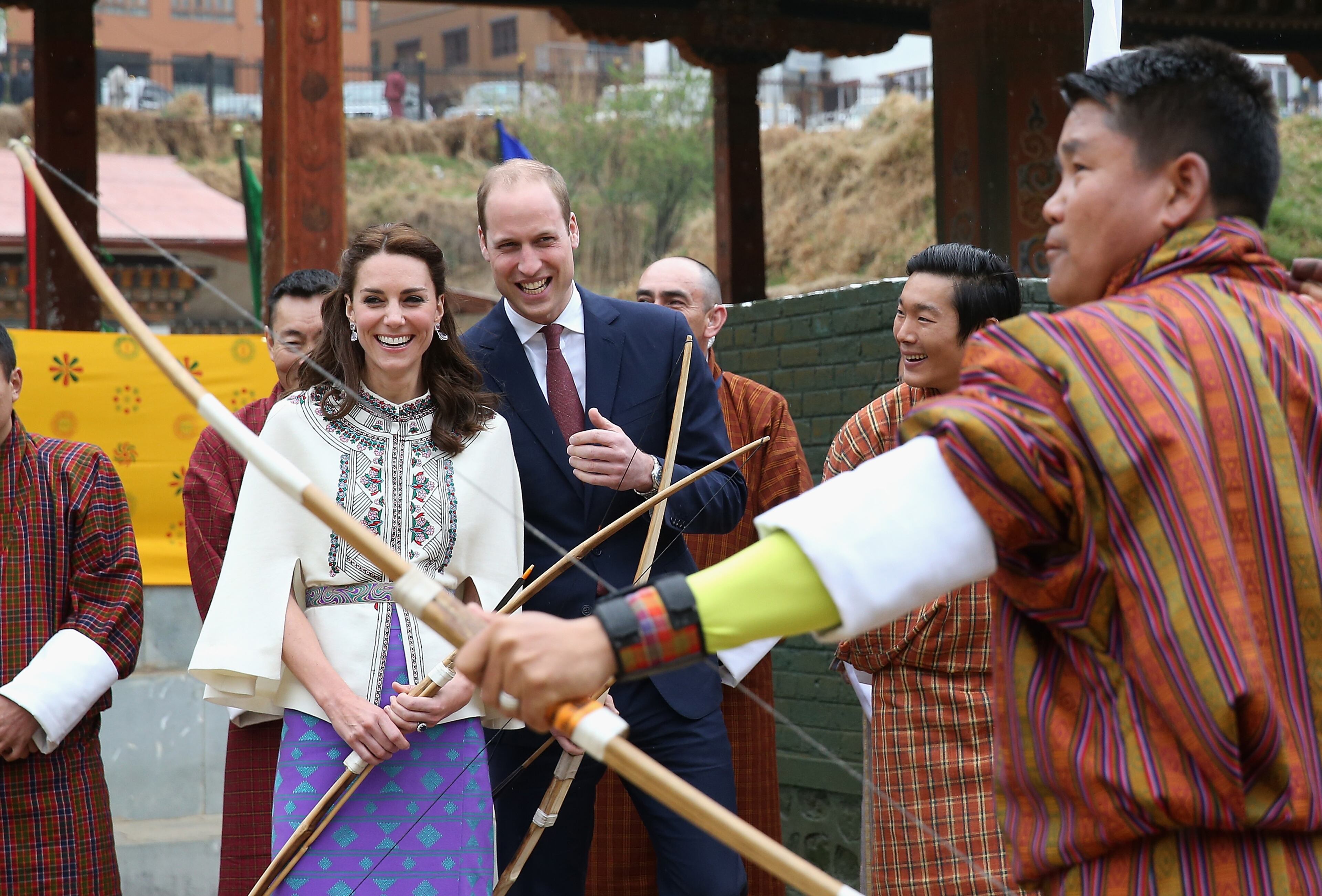 Prince William, Duke of Cambridge and Catherine, Duchess of watch a Bhutanese archery demonstration on the first day of a two-day visit to Bhutan on the 14th April 2016 in Paro, Bhutan. The Royal couple are visiting Bhutan as part of a weeklong visit to India and Bhutan that has taken in cities such as Mumbai, Delhi, Kaziranga, Bhutan and Agra. (Photo by Chris Jackson/Getty Images)