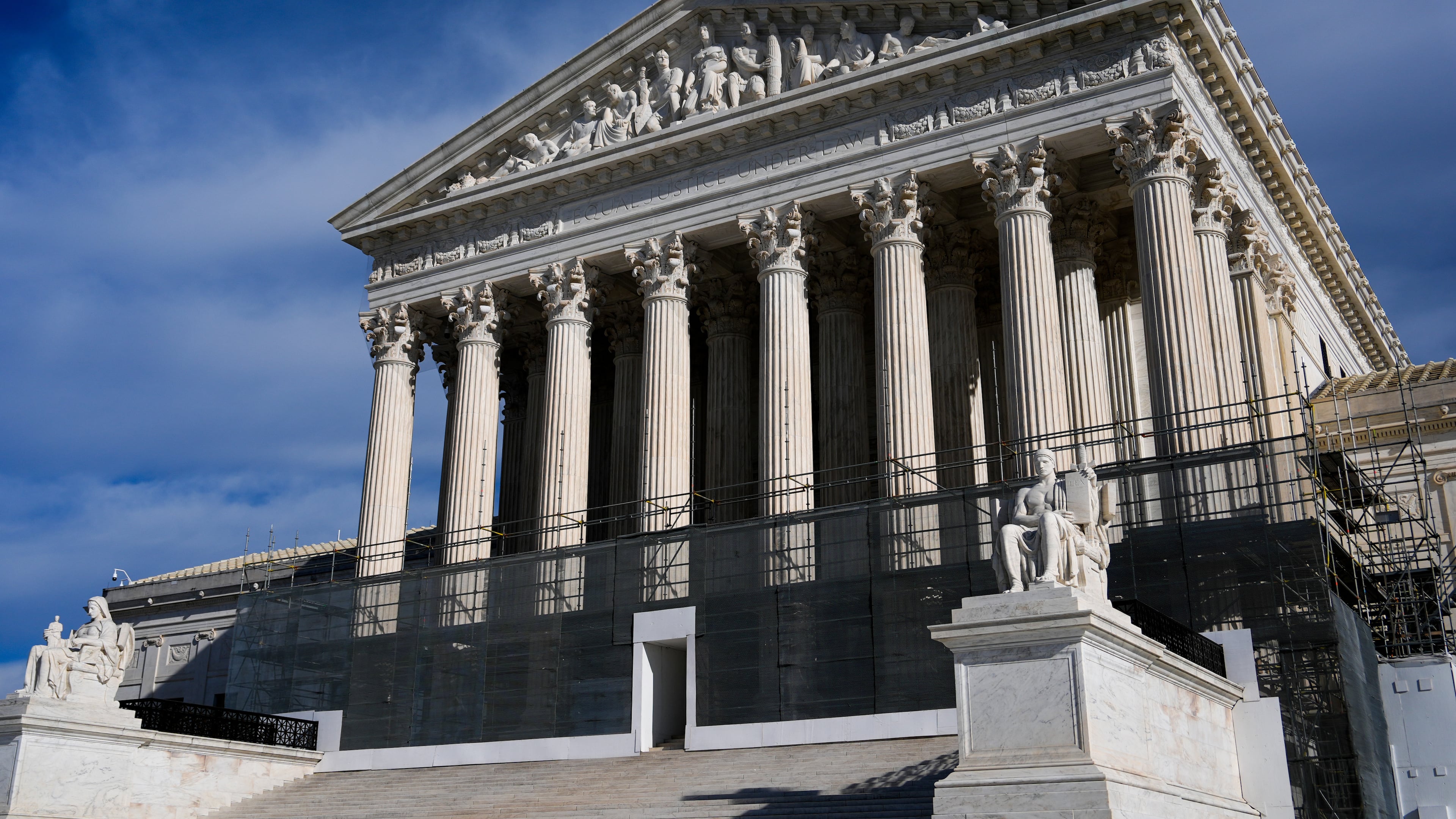 The Supreme Court is seen during oral arguments over state laws barring transgender girls and women from playing on school athletic teams, Tuesday, Jan. 13, 2026, in Washington. (AP Photo/Julia Demaree Nikhinson)