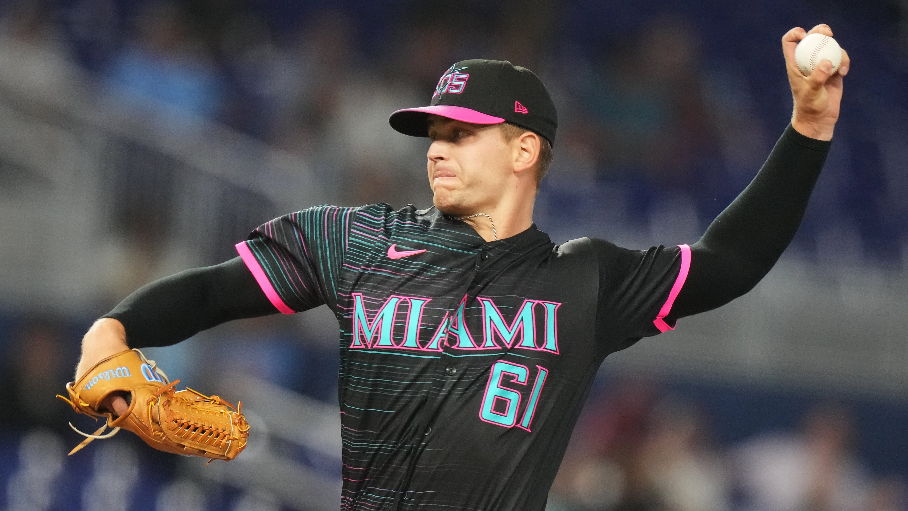 Miami Marlins starting pitcher Robby Snelling throws during the first inning of a baseball game against the Washington Nationals, Friday, May 8, 2026, in Miami. (AP Photo/Lynne Sladky)