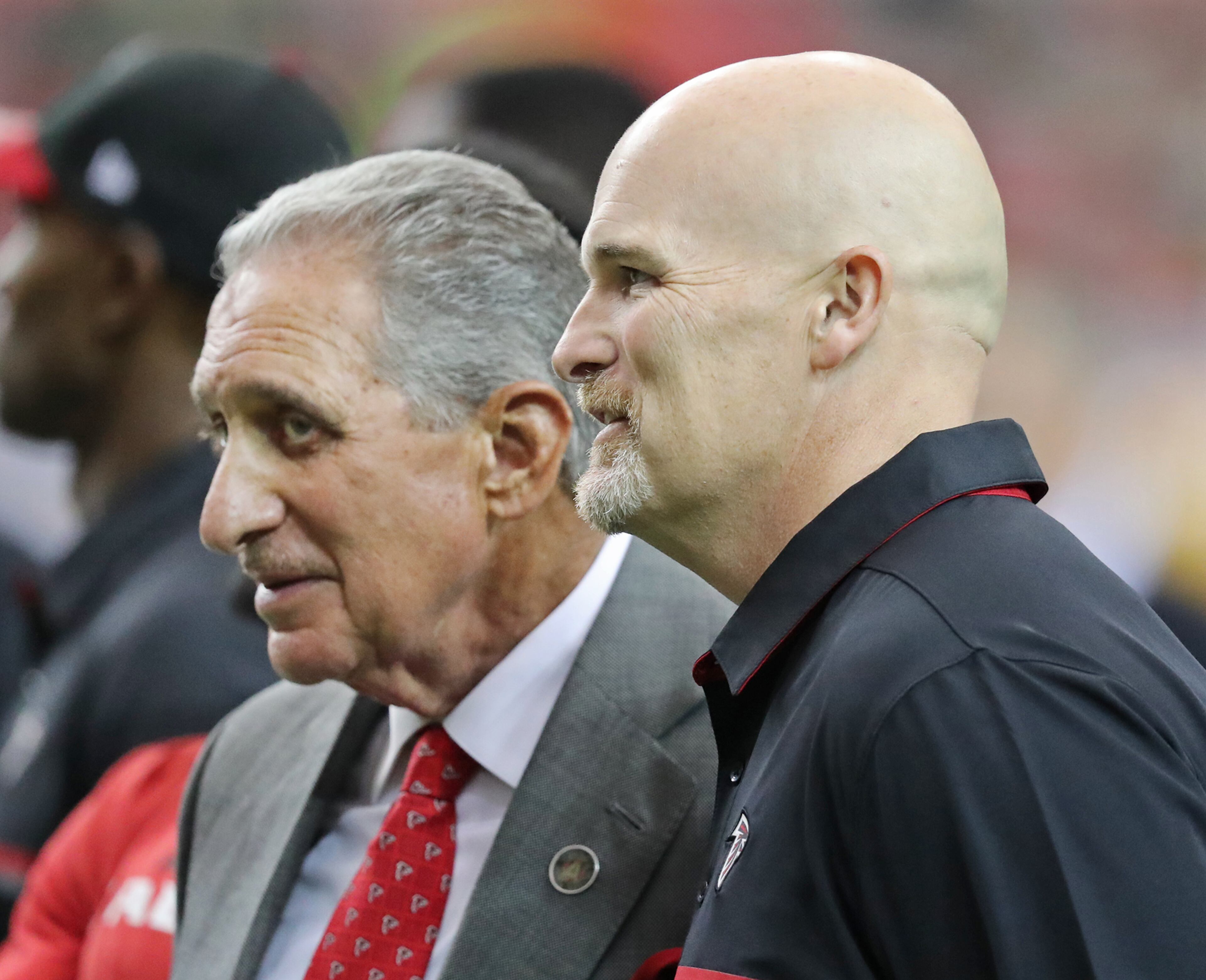 Falcons head coach Dan Quinn and owner Arthur Blank look on as the team prepares to play the Packers in an NFL football game on Sunday, Oct. 30, 2016, in Atlanta. Curtis Compton /ccompton@ajc.com
