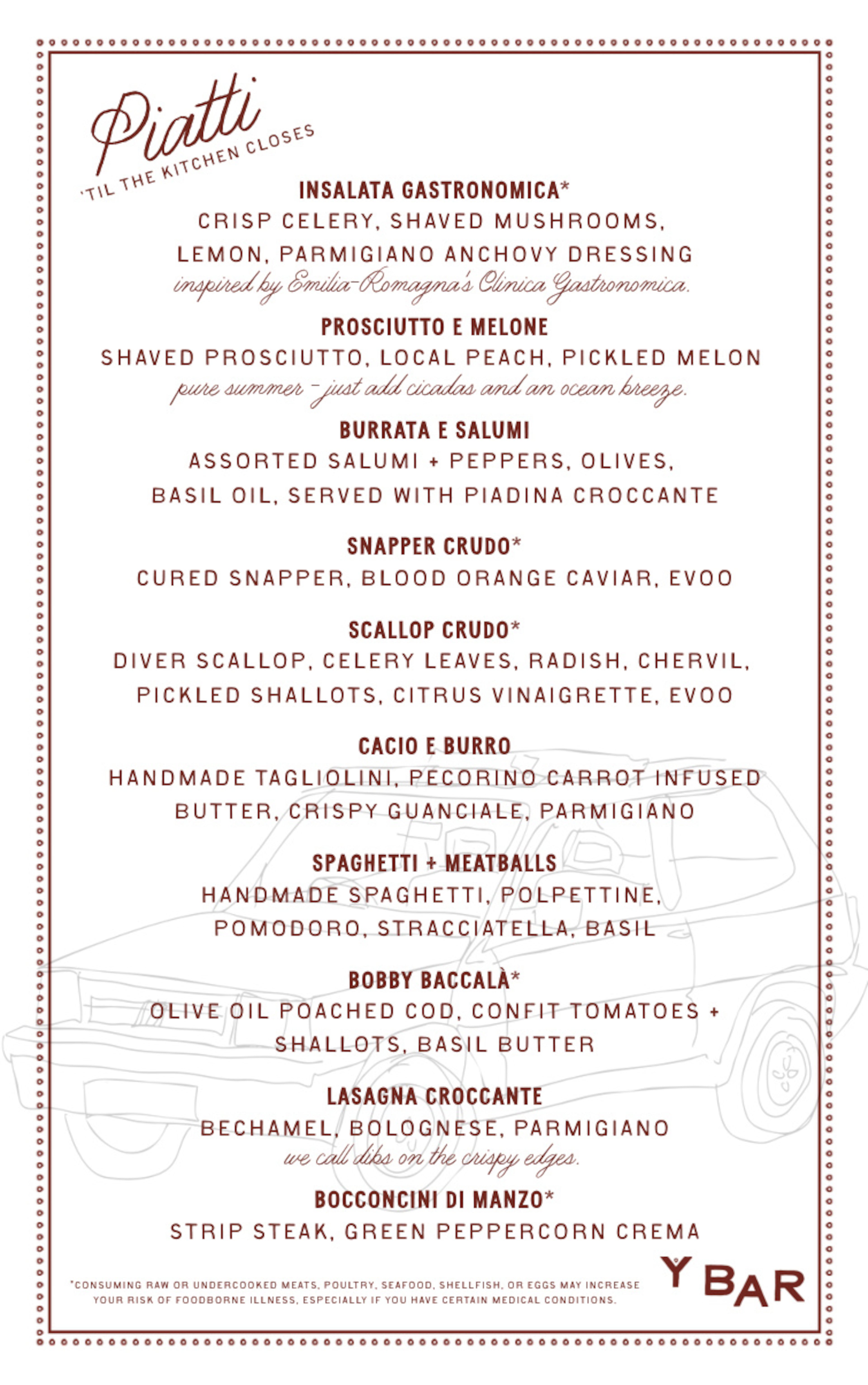 The 'piatti' menu at Y Bar e Ristorante in Buckhead Village. (Courtesy of Y Bar e Ristorante)