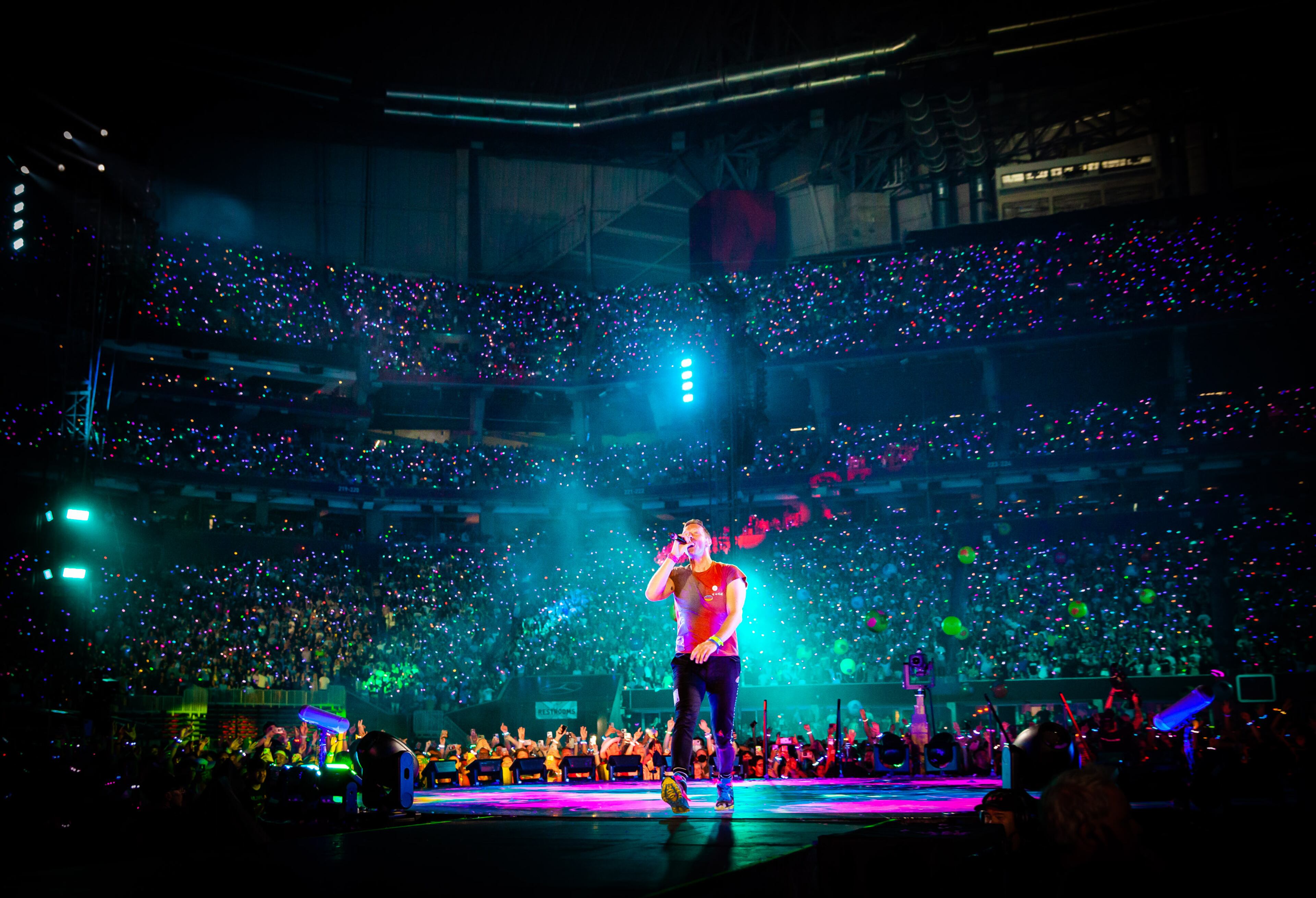 Coldplay performs at Mercedes-Benz Stadium in Atlanta on Saturday night, June 11, 2022, on the Music of the Spheres World Tour. (Ryan Fleisher for The Atlanta Journal-Constitution)