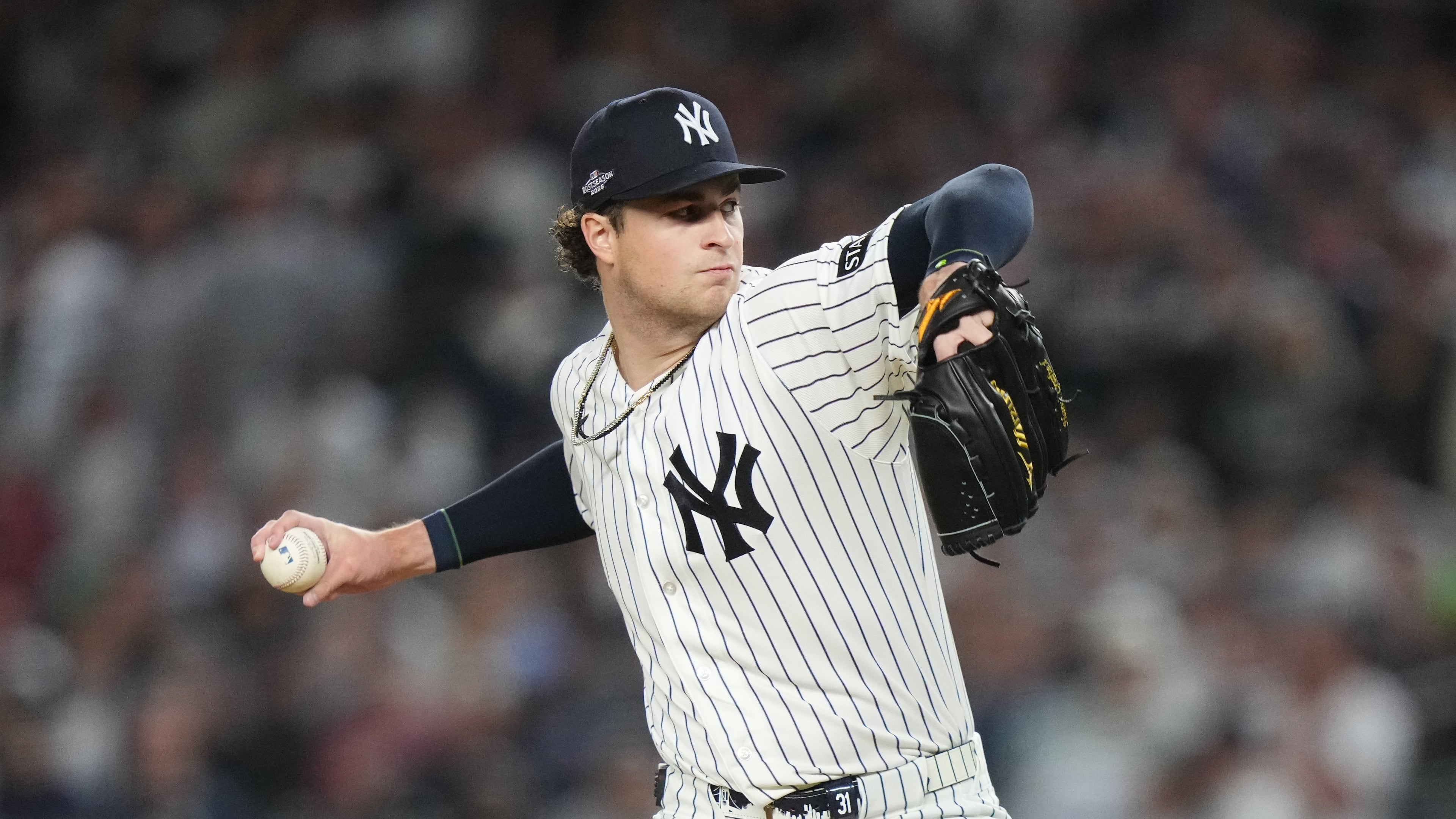 New York Yankees starting pitcher Cam Schlittler throws to the Boston Red Sox during the first inning in Game 1 of baseball's American League Wild Card Series, Tuesday, Sept. 29, 2026, in New York. (AP Photo/Frank Franklin II)
