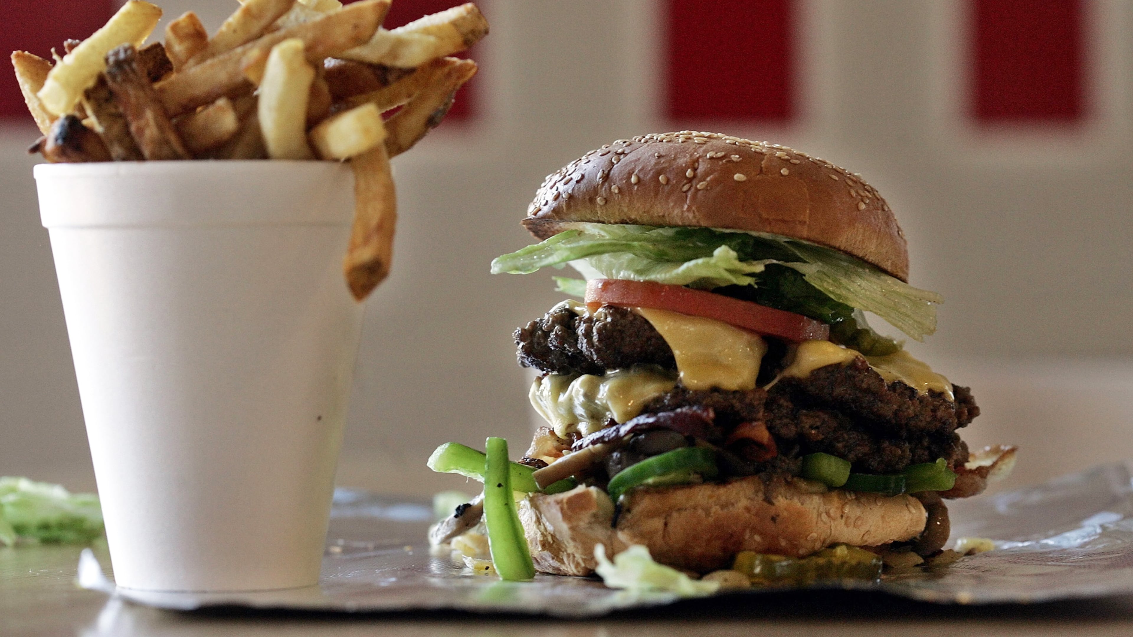 Double stack: A regular burger comes with two patties at Five Guys, Palm Beach Gardens. (LibbyVision.com)