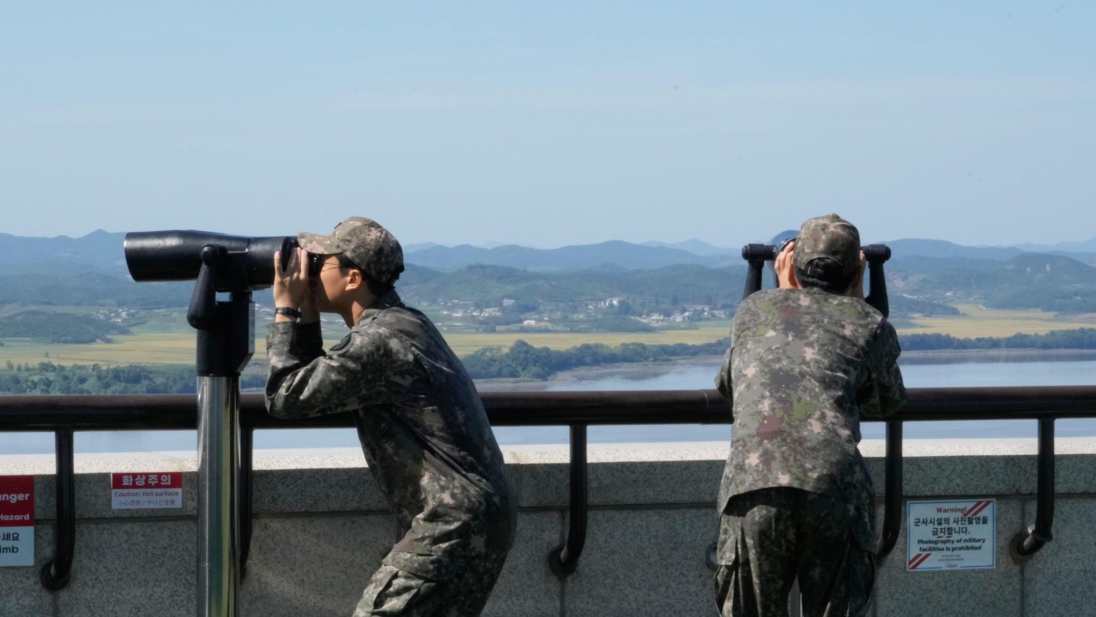 South Korean army soldiers watch the North Korean side from the Unification Observation Post in Paju, South Korea, near the border with North Korea, Wednesday, Sept. 16, 2026. (AP Photo/Ahn Young-joon)