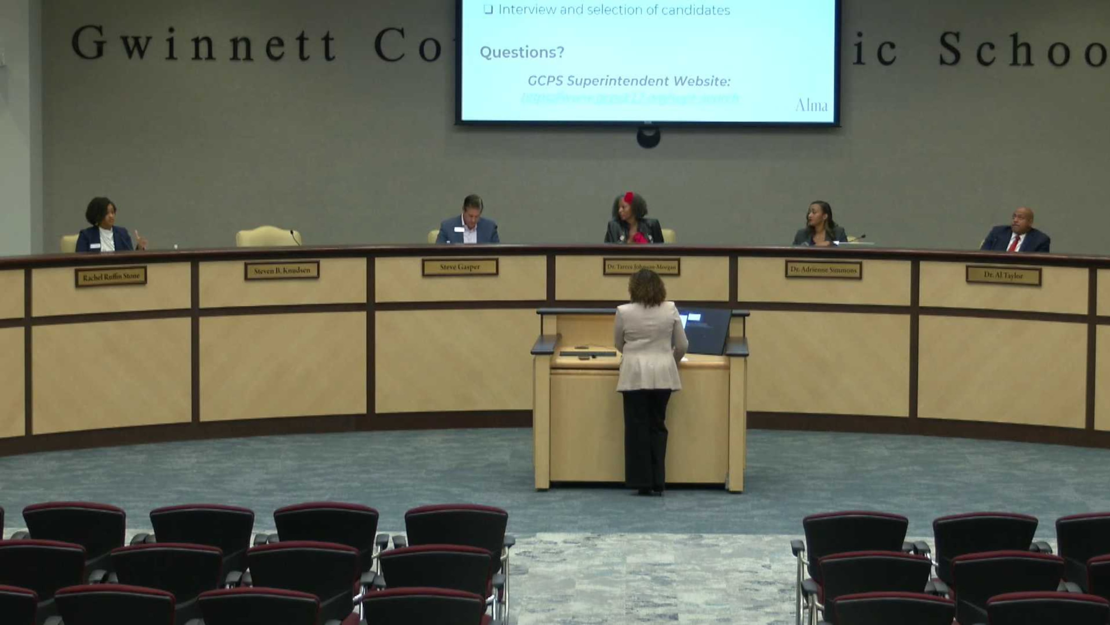 Gwinnett County school board members discuss the findings from a community survey with Alma Advisory Group CEO Monica Rosen, whose company is leading the search for the district's next superintendent. (Gwinnett County Public Schools)