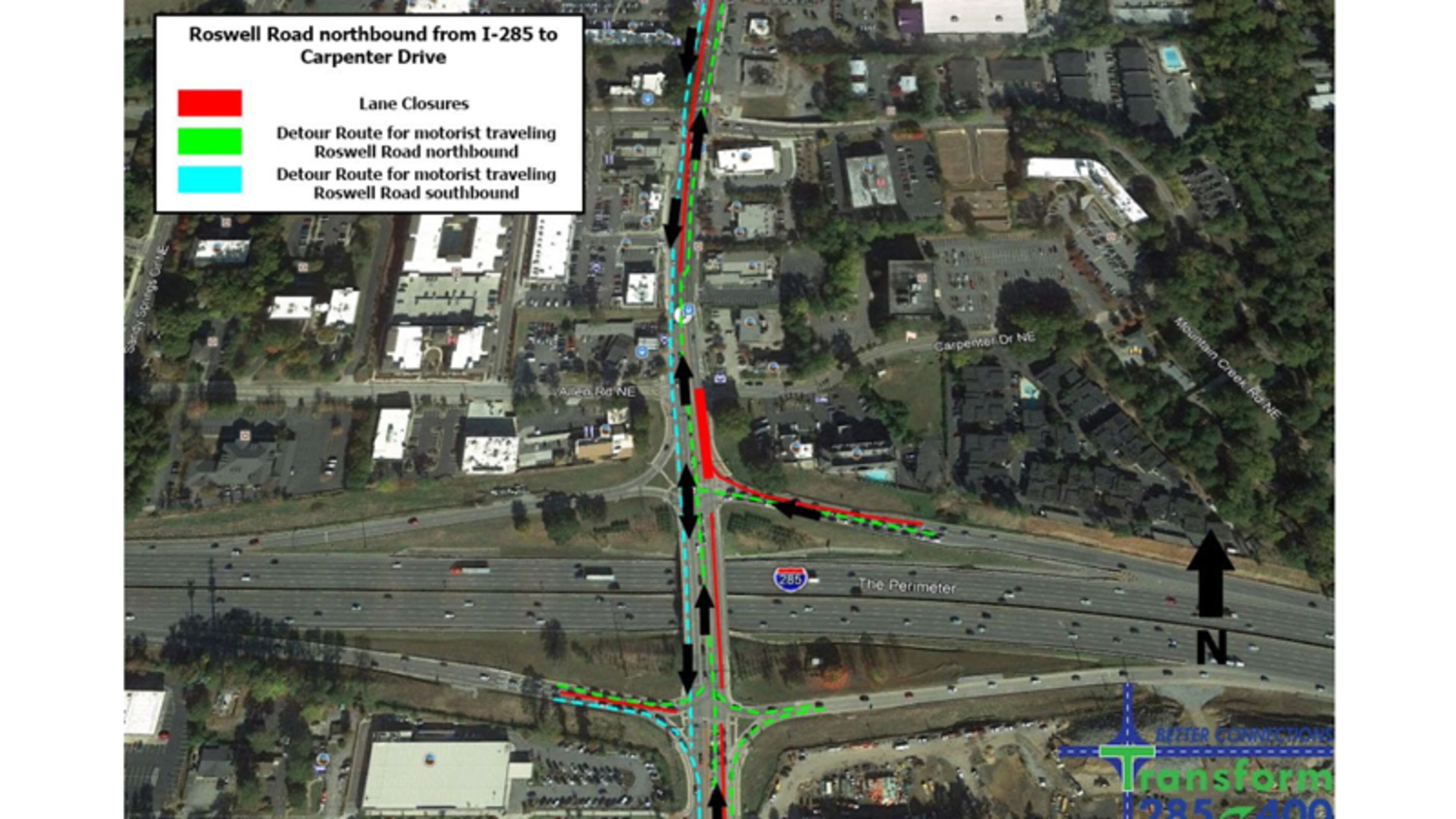 Map depicts how traffic lanes will shift as crews close two northbound lanes of Roswell Road north of the bridge over I-285 in Sandy Springs. GEORGIA DEPARTMENT OF TRANSPORTATION