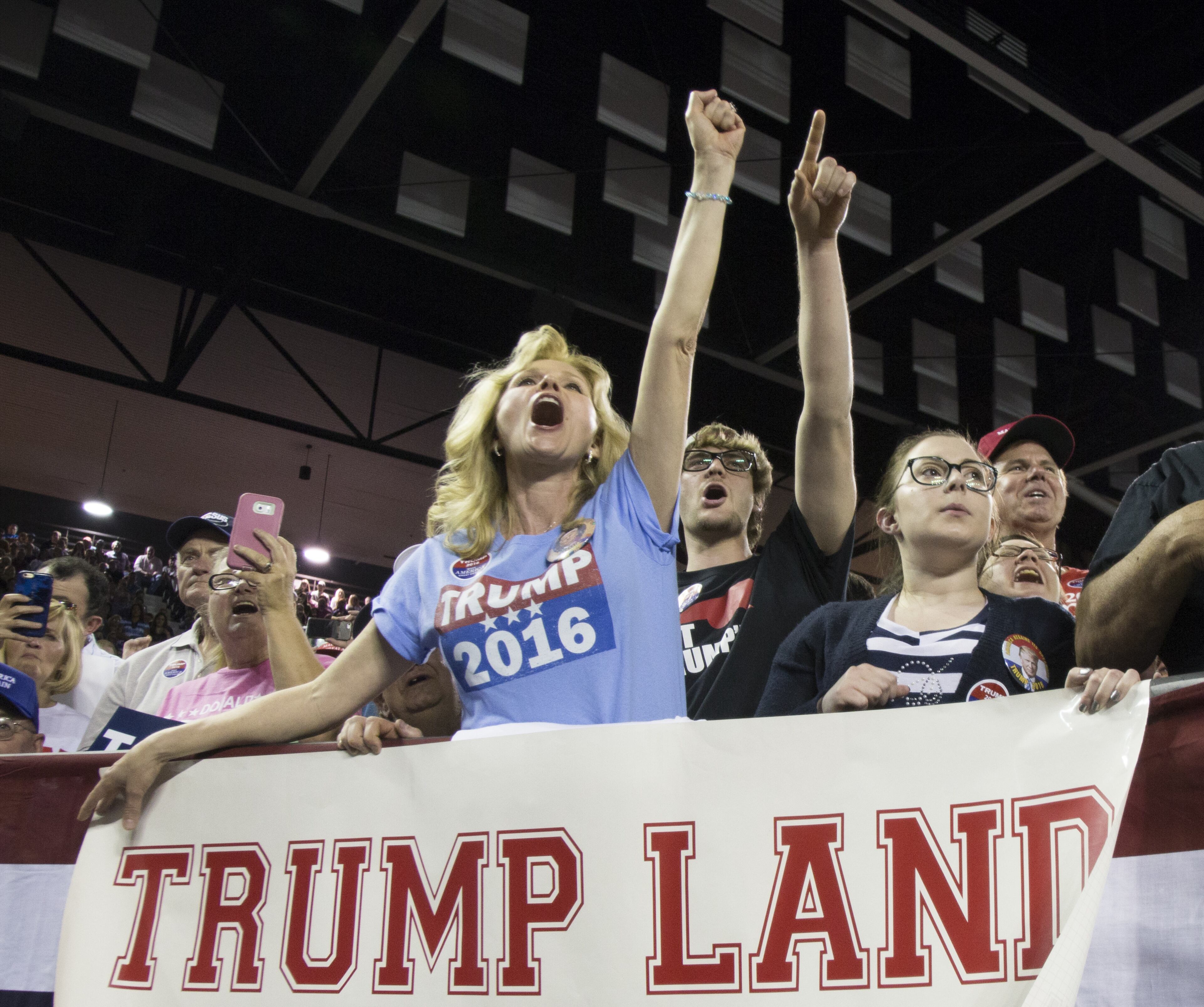 Maree Miller, of Cairo, Ga., reacts to Republican presidential candidate Donald Trump as he speaks to supporters during a rally at Valdosta State University February 29, 2016 in Valdosta, Georgia. On the eve of the Super Tuesday primaries, Trump is enjoying his best national polling numbers of the election cycle, increasing his lead over rivals Sens. Marco Rubio (R-FL) and Ted Cruz (R-TX). (Photo by Mark Wallheiser/Getty Images)
