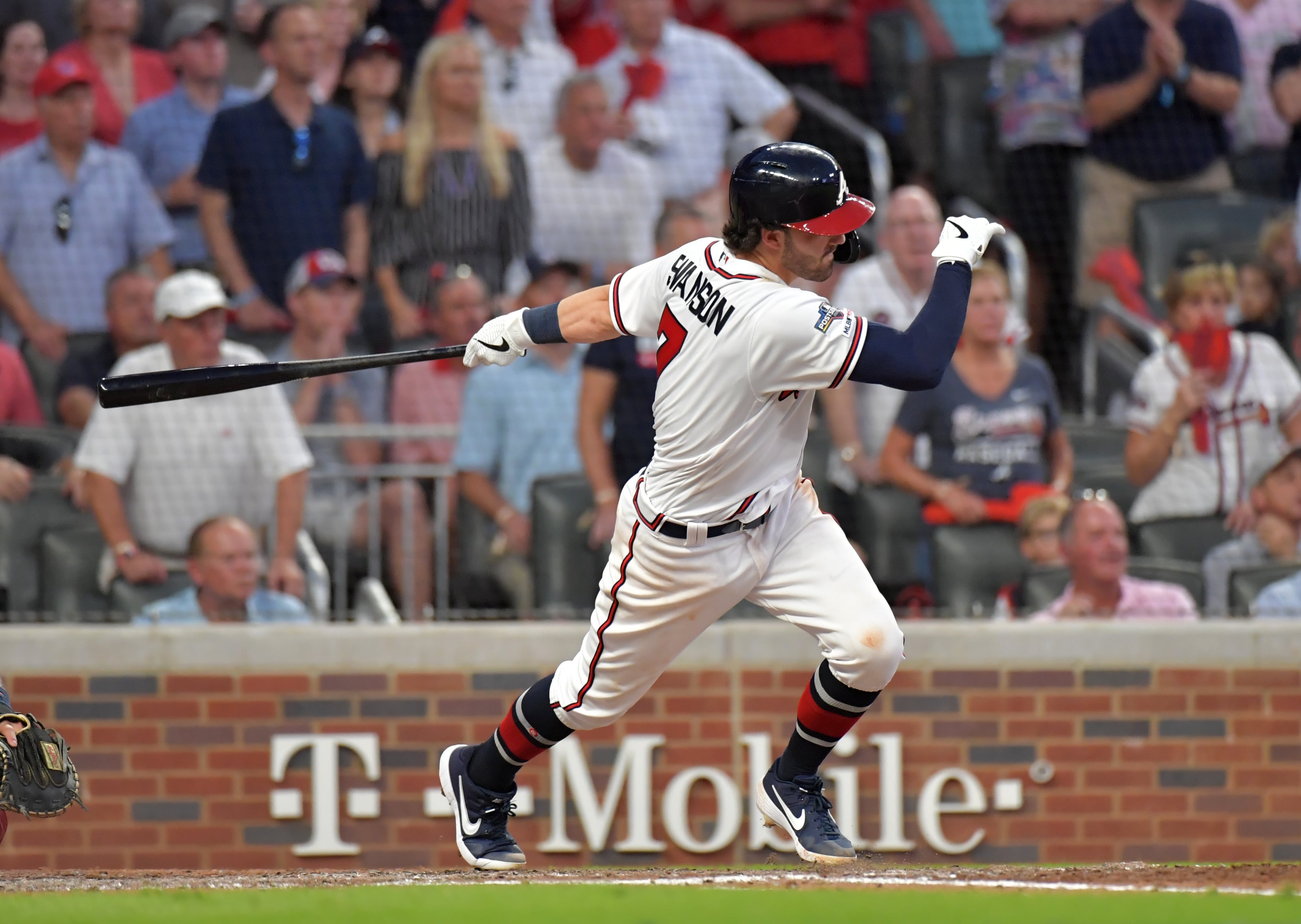 Braves shortstop Dansby Swanson hits a two-run single in the sixth inning against the St. Louis Cardinals during Game 1 of the best-of-five National League Division Series at SunTrust Park on Thursday, October 3, 2019. (Hyosub Shin / Hyosub.Shin@ajc.com)