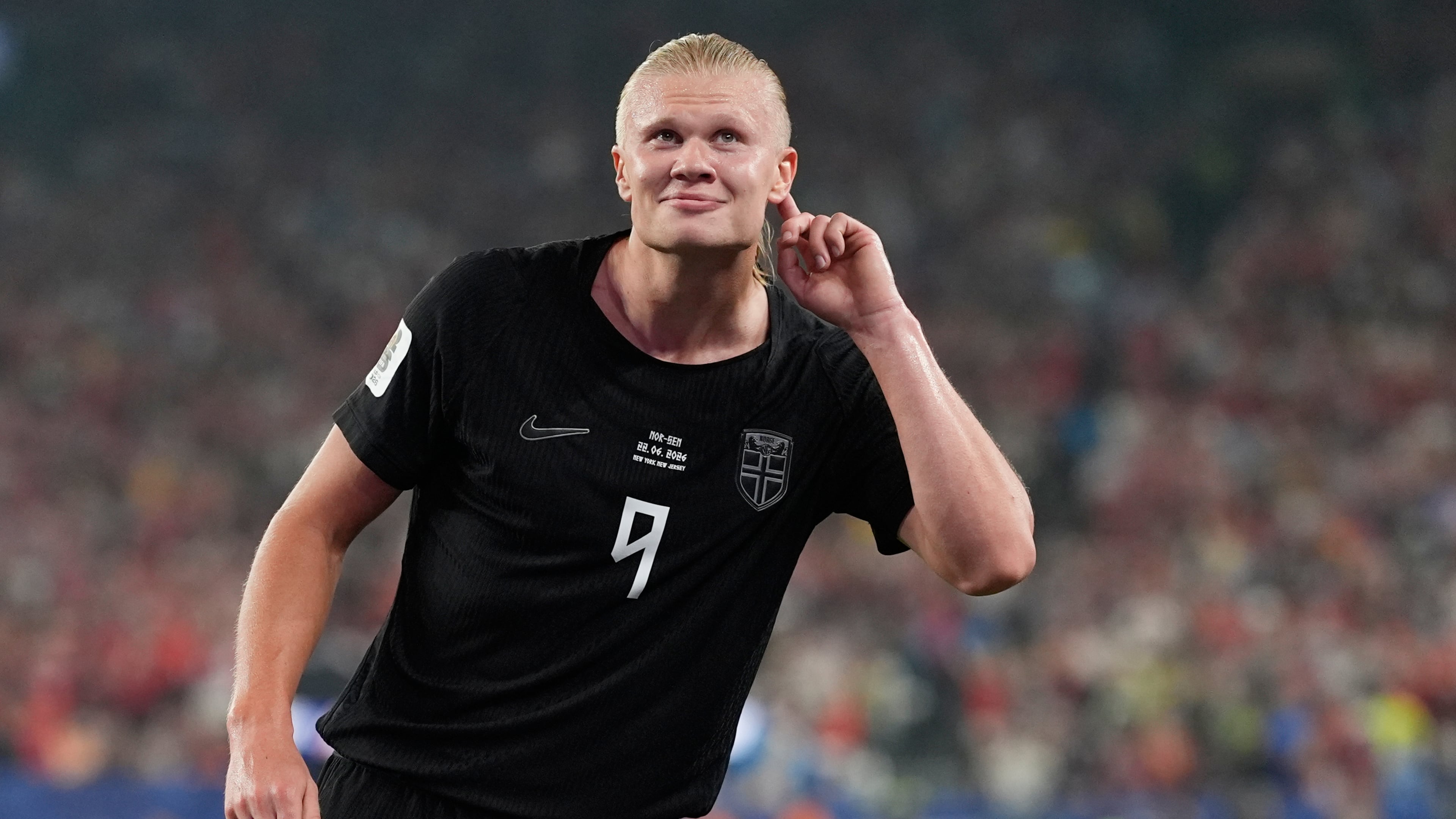 Norway's Erling Haaland (9) celebrates after scoring their third goal during the World Cup Group I soccer match between Norway and Senegal in East Rutherford, N.J., near New York, Monday, June 22, 2026. (AP Photo/Steve Luciano)