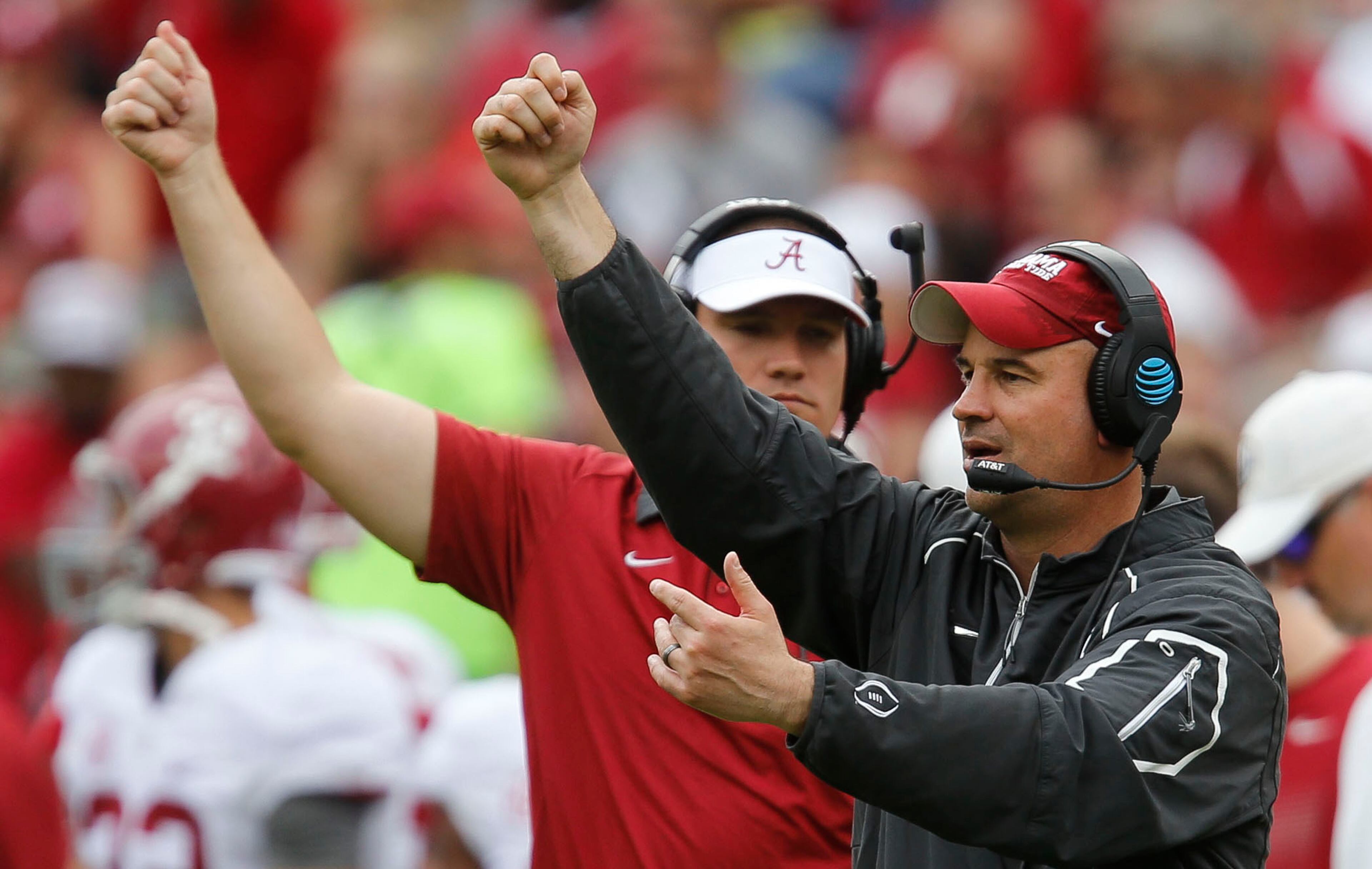 New Alabama defensive coordinator Jeremy Pruitt instructs players during an NCAA college spring football game, Saturday, April 16, 2016 at Bryant-Denny Stadium in Tuscaloosa, Ala. (Gary Cosby Jr./The Tuscaloosa News via AP)