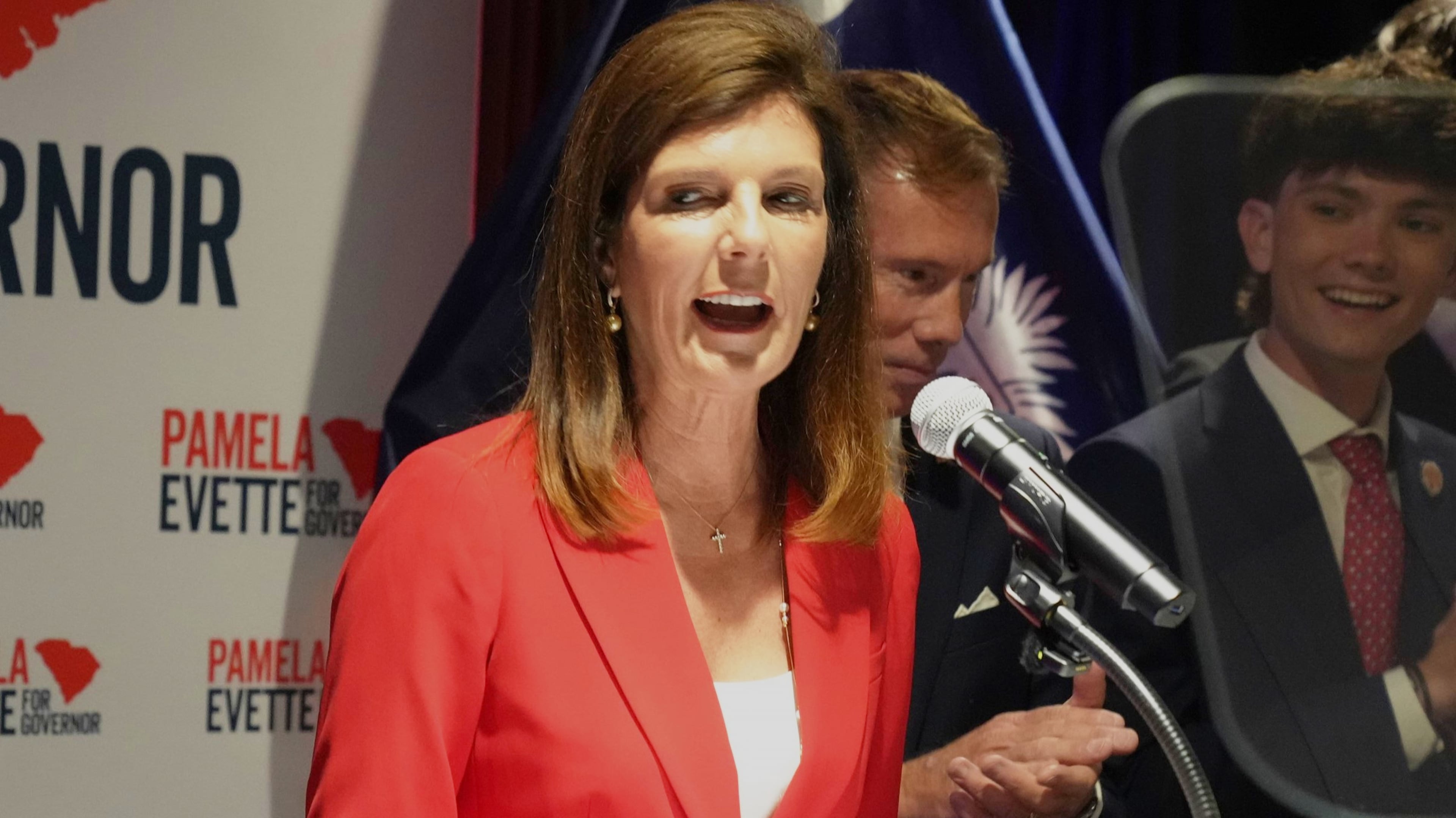 South Carolina Lt. Gov. Pamela Evette speaks at an election night watch party after advancing to a GOP primary runoff in the governor's race on Tuesday, June 9, 2026, in Greenville, S.C. (AP Photo/Meg Kinnard)
