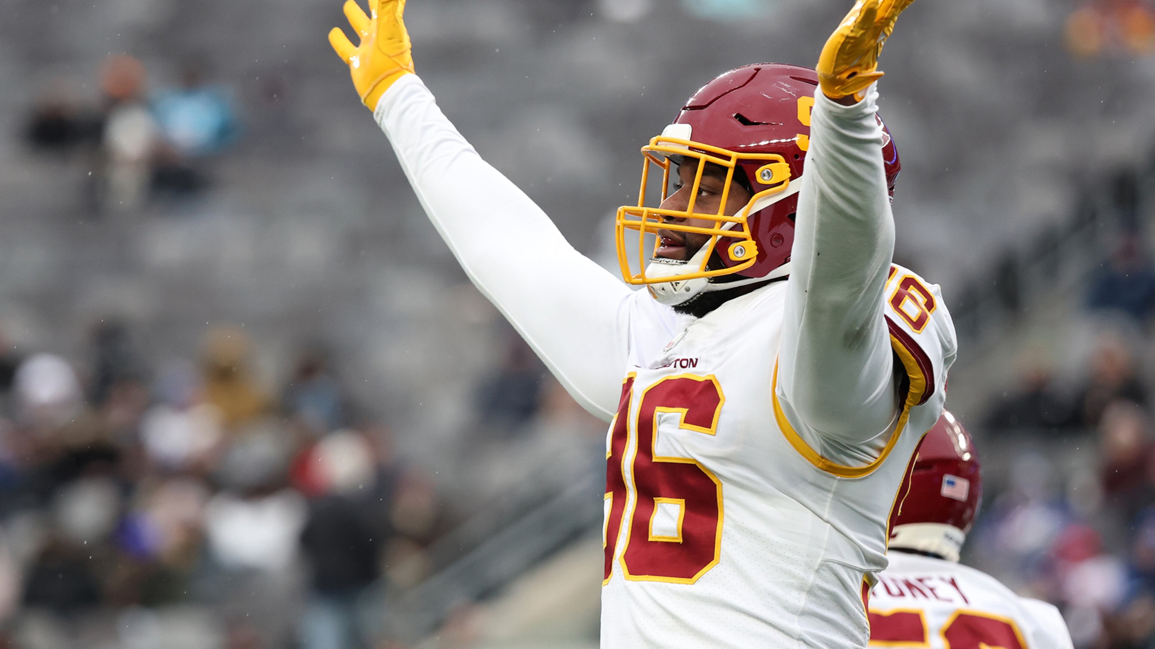 James Smith-Williams (96) of the Washington Football Team reacts after sacking the quarterback in the fourth quarter of the game against the New York Giants at MetLife Stadium on January 09, 2022, in East Rutherford, New Jersey. (Dustin Satloff/Getty Images/TNS)