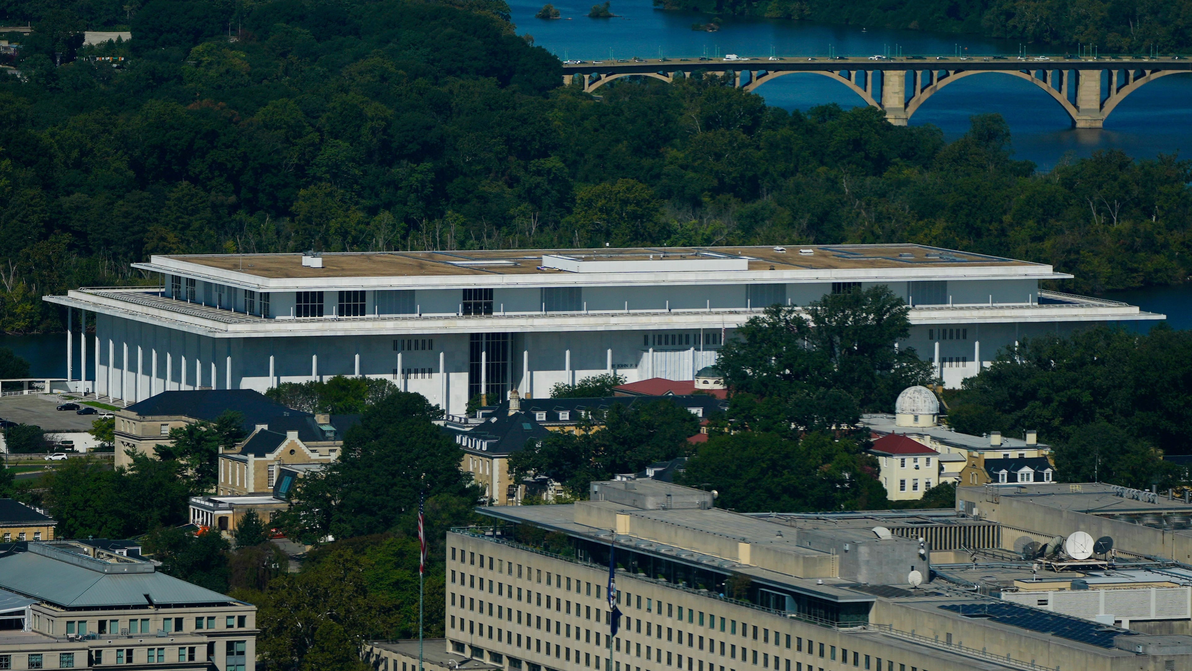 The John F. Kennedy Center for the Performing Arts as seen from the Washington Monument, Tuesday, Sept. 15, 2026, in Washington. (AP Photo/Pablo Martinez Monsivais)