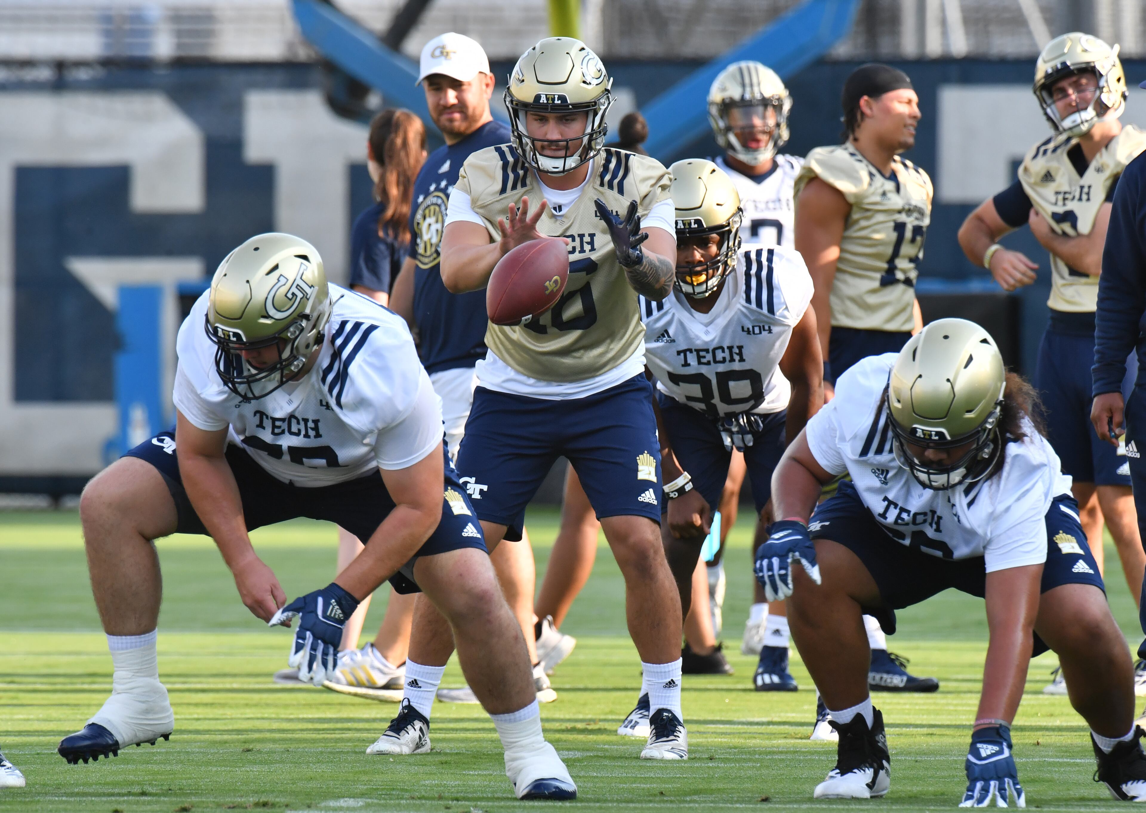 Georgia Tech's quarterback Chayden Peery (16) takes a snap during a practice at Rose Bowl Field on Georgia Tech Campus in Atlanta on Friday, August 6, 2021. (Hyosub Shin / Hyosub.Shin@ajc.com)