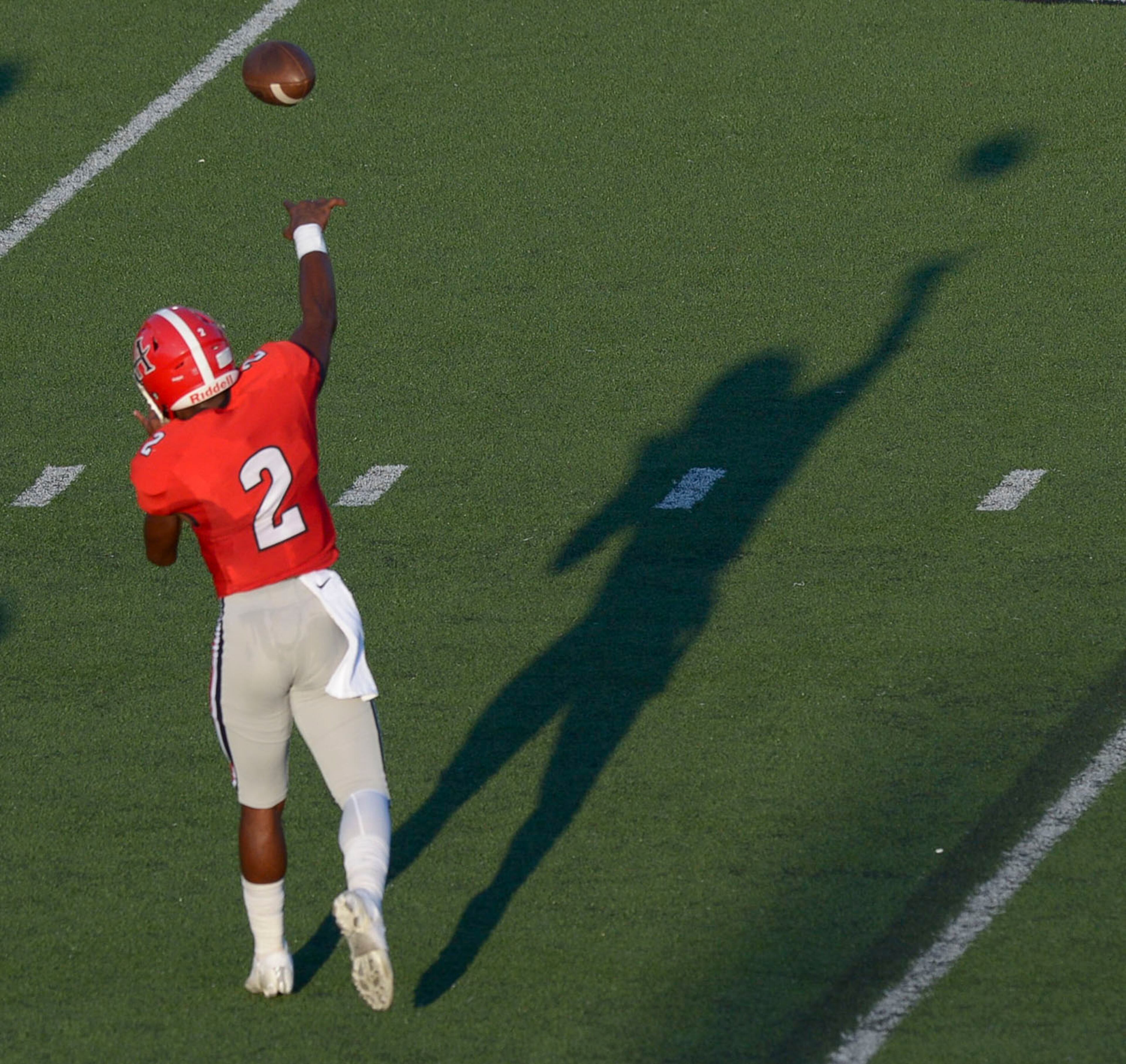 Allatoona senior quarterback Dante Marshall (2) warms up prior to the start of his home game against the Creekview Grizzlies Friday. (Daniel Varnado/Special)