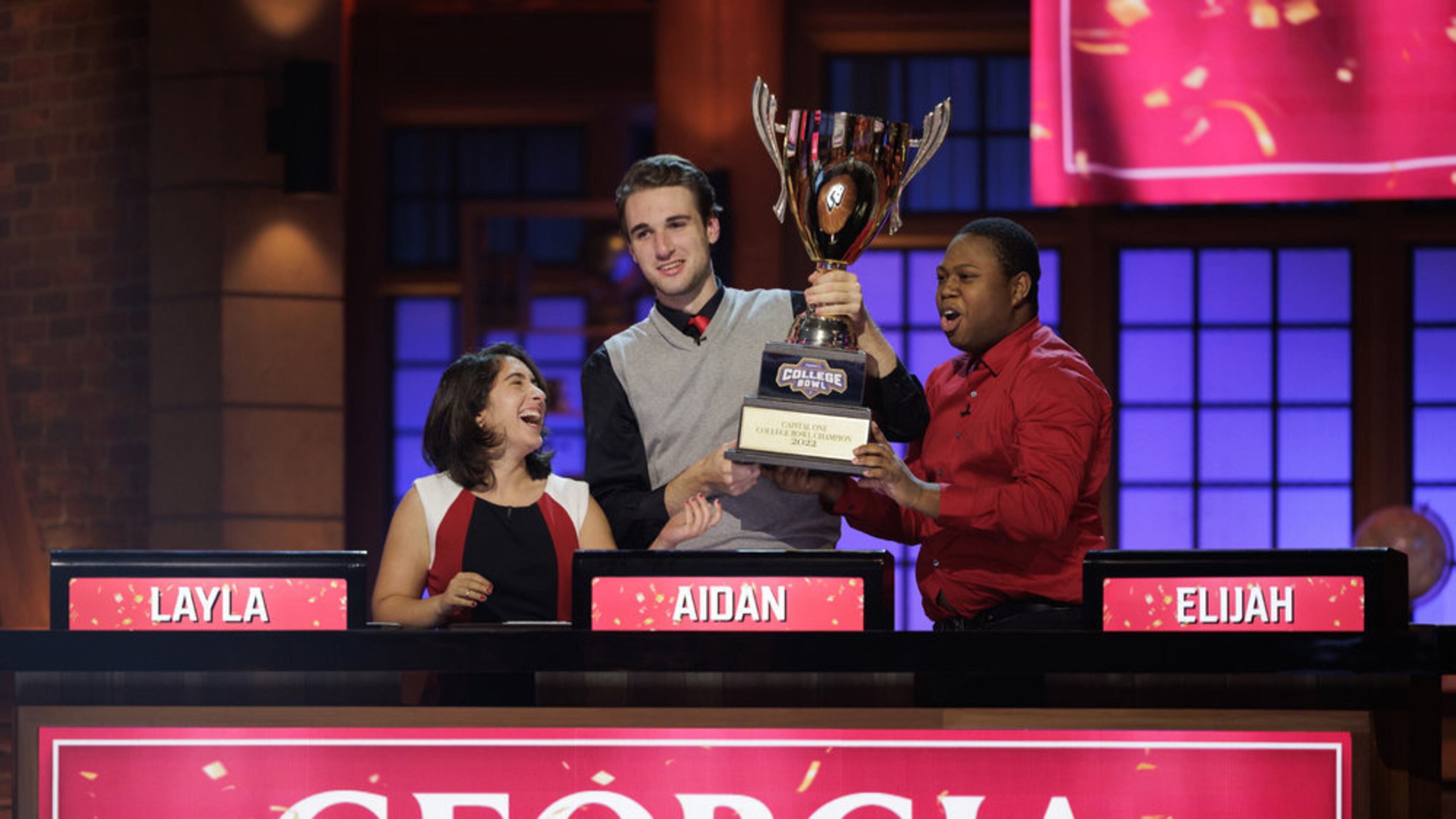 "Capital One College Bowl" champions: the University of Georgia's Layla Parsa (from left), Aidan Leahy and Elijah Odunade. (Photo by: Steve Swisher/NBC)