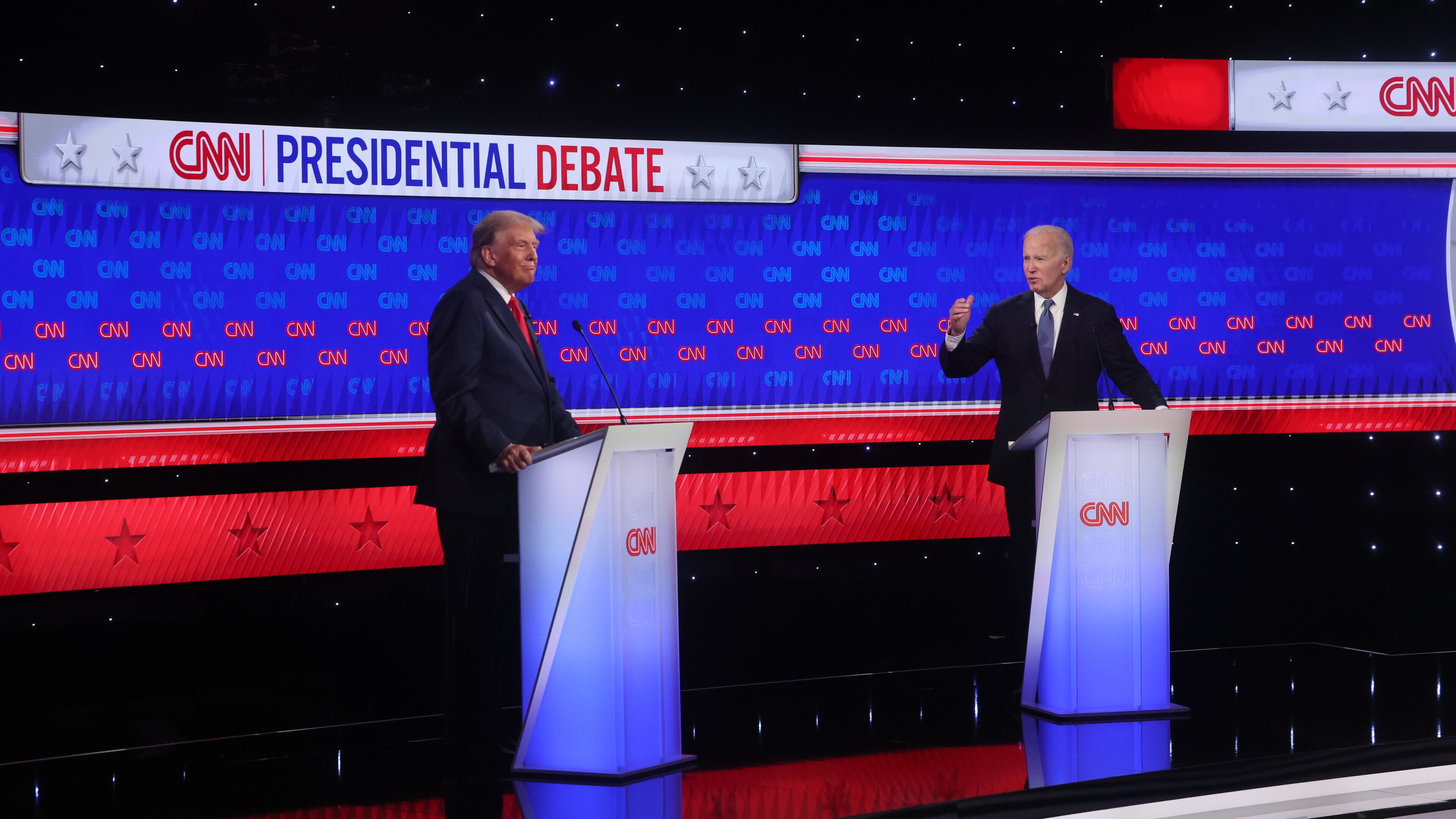 President Joe Biden and former President Donald Trump face off during their first presidential debate at CNN, Thursday, June 27, 2024, in Atlanta. (Jason Getz / AJC)