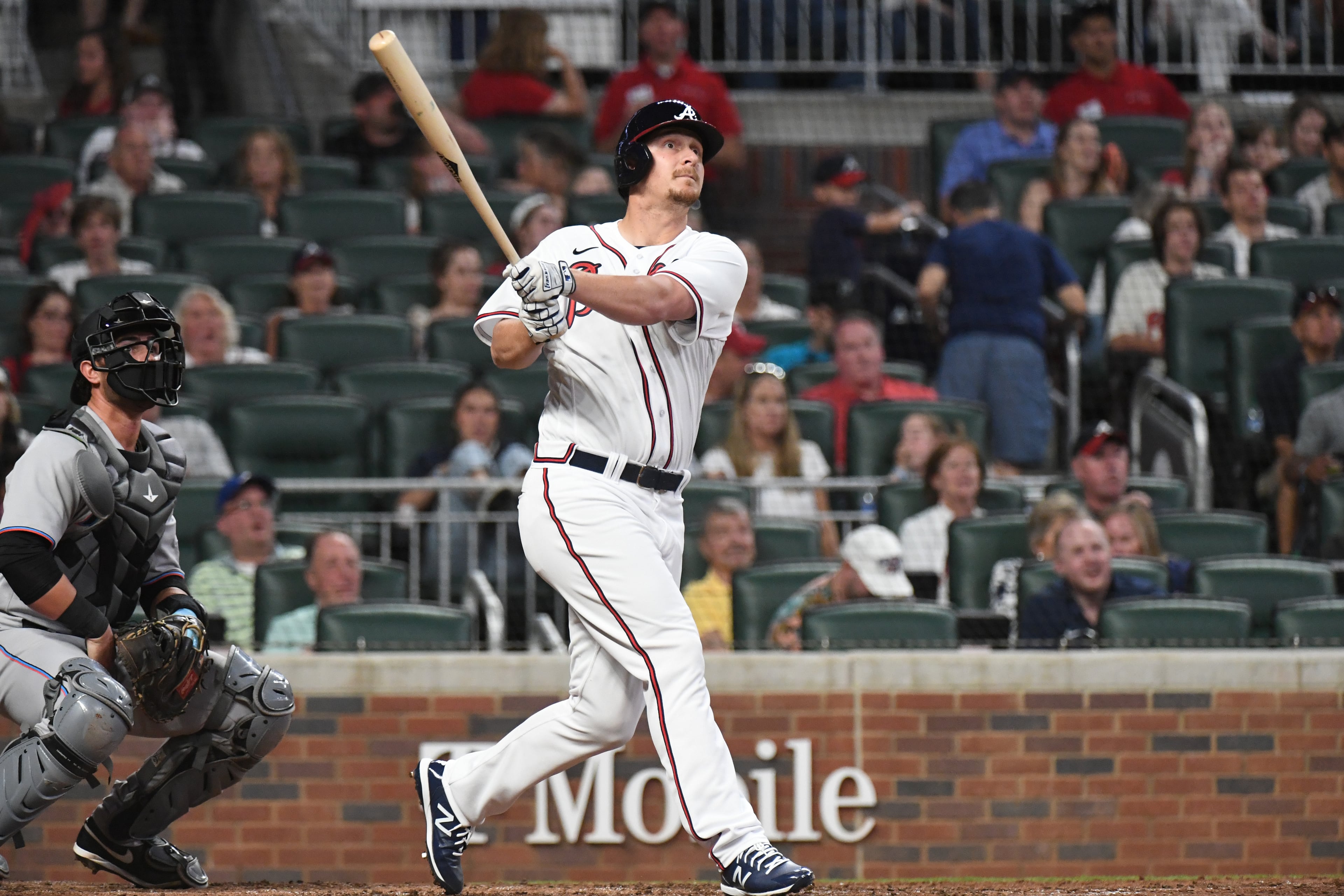 Braves' left fielder Alex Dickerson (25) hits a 2-run home run in the 4th inning at Truist Park on Saturday, April 23, 2022. (Hyosub Shin / Hyosub.Shin@ajc.com)