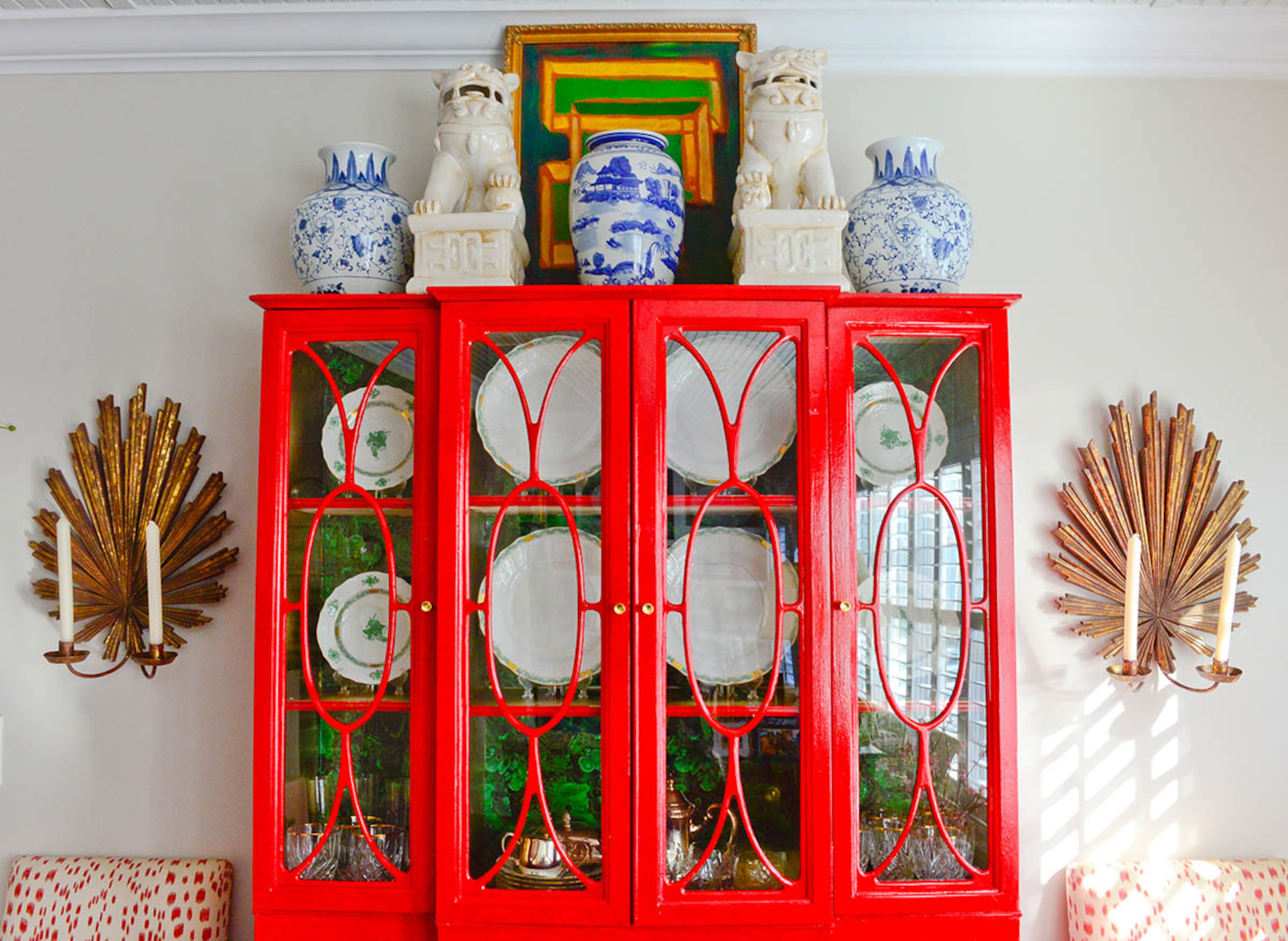 Katie Luepke said she loves finding inexpensive furnishings and giving them makeovers to work perfectly in her home. Such was the case with a china cabinet she found at a flea market for $450. The cabinet creates an eye-popping feature in the den.