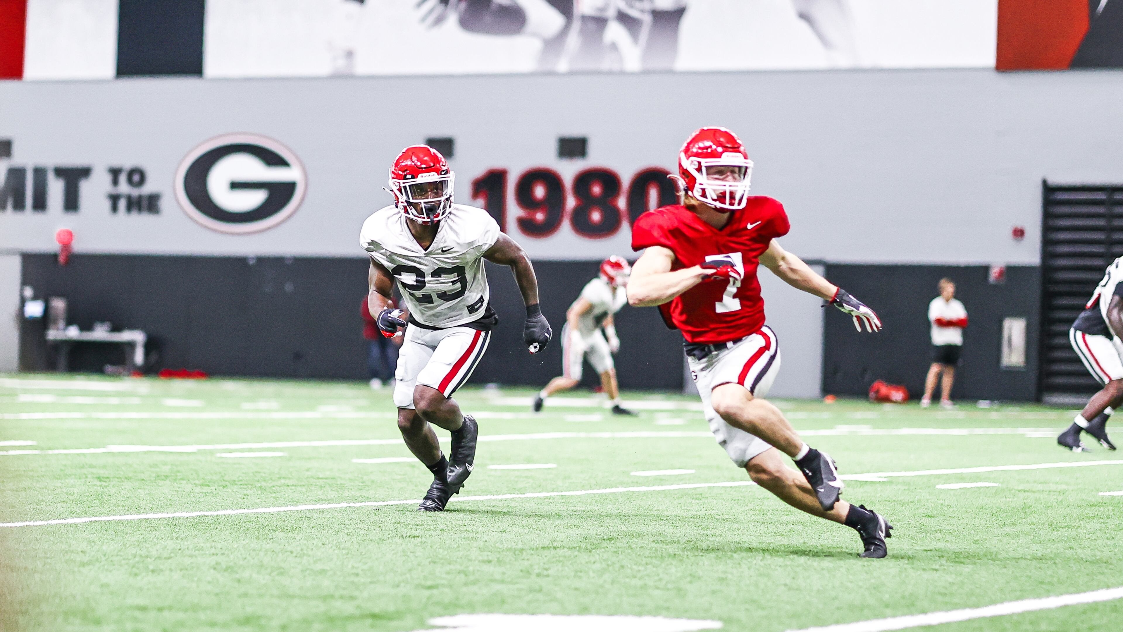 Georgia defensive back Tykee Smith (23) defends a scout-team receiver (7) during the Bulldogs' practice Tuesday, Oct. 5, 2021, at the Payne Athletic Center in Athens. (Tony Walsh/UGA Athletics)
