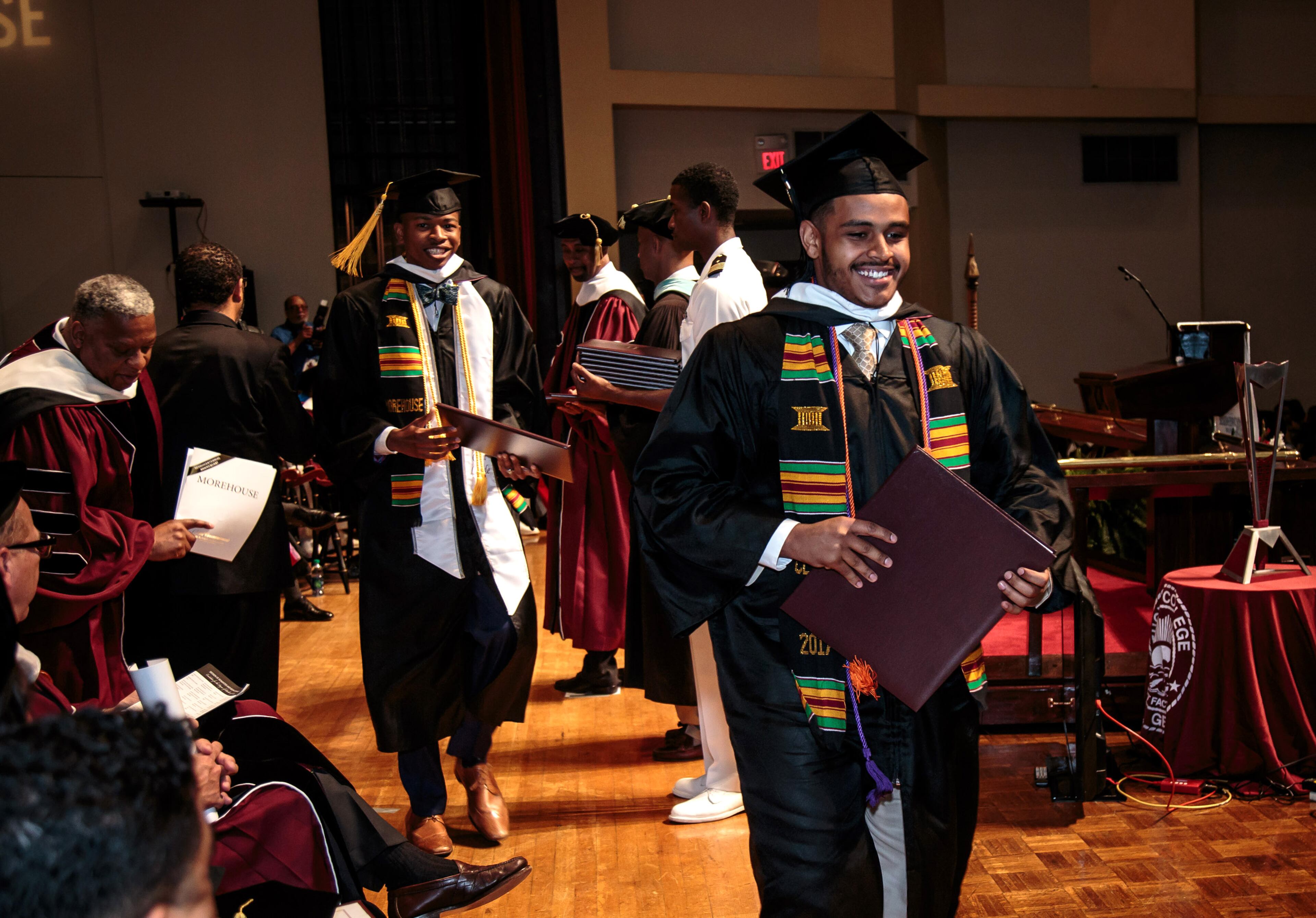 Graduates leave the stage after receiving their diploma during the Morehouse College graduation ceremony in the Martin Luther King JR. International Chapel on The Morehouse Campos Sunday, May 21, 2017. STEVE SCHAEFER / SPECIAL TO THE AJC