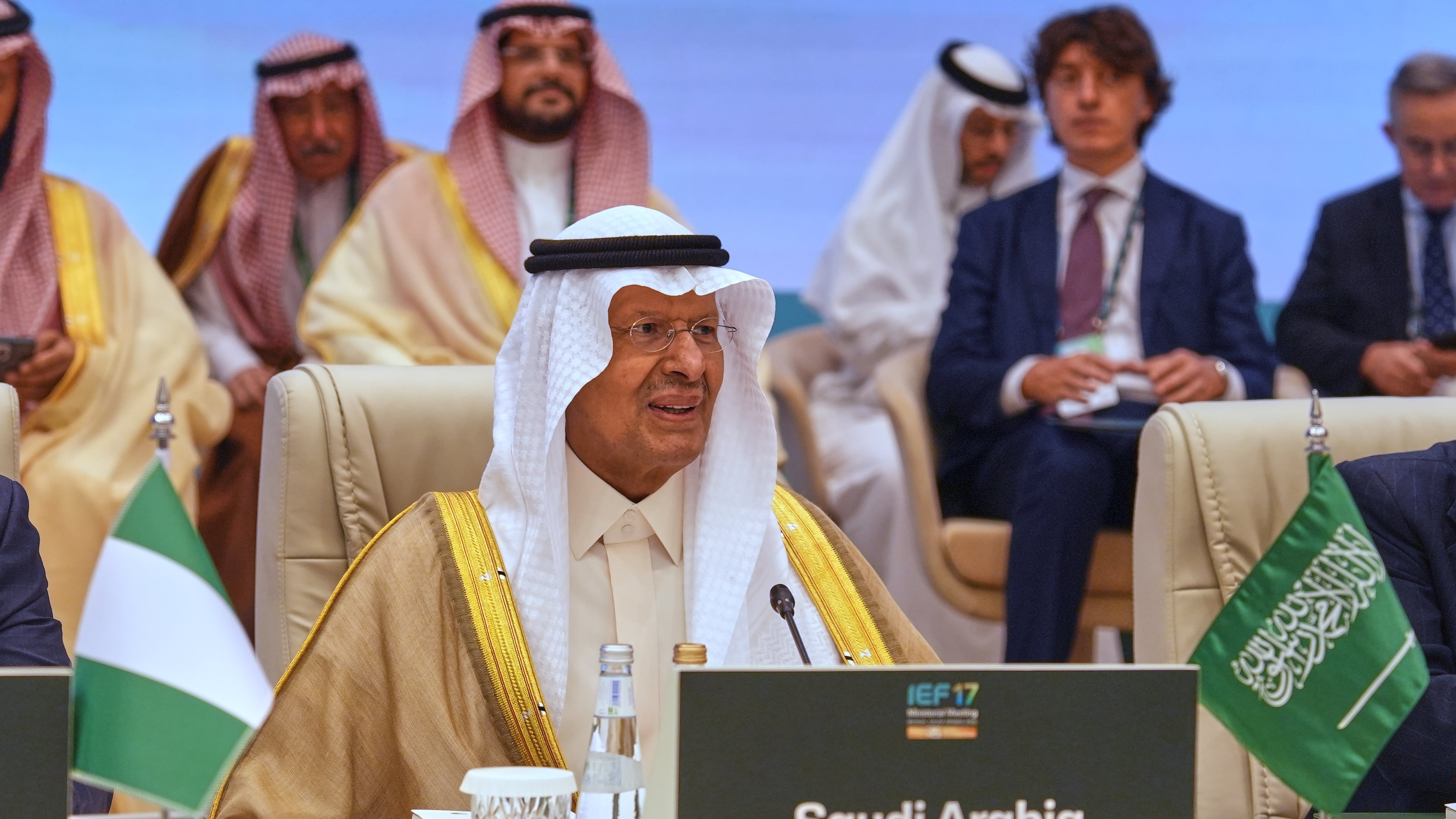 Saudi Energy Minister Prince Abdulaziz bin Salman chairs his delegations during the 17th Ministerial Meeting of the International Energy Forum (IEF), in Riyadh, Saudi Arabia, Sunday, Oct. 11, 2026. (AP Photo/Baraa Anwer)