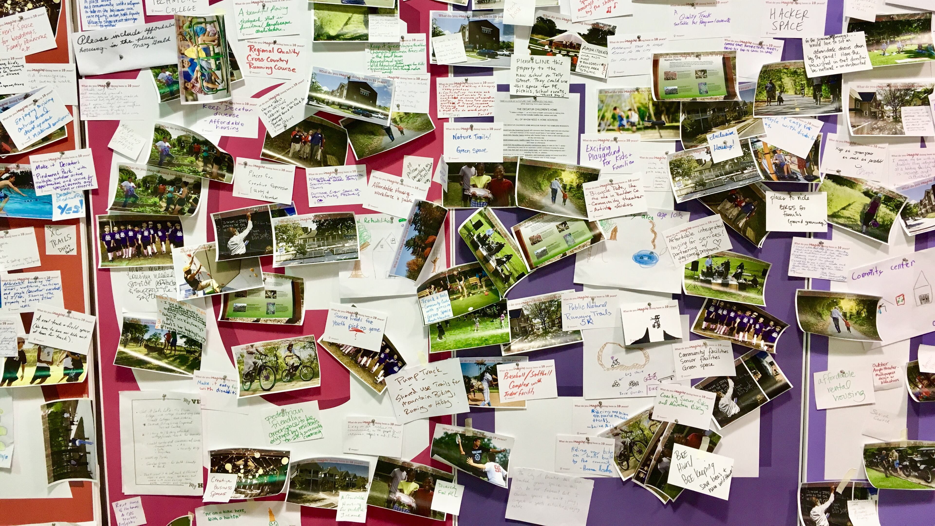 Just a sampling of 3 by 5 cards and photos tacked to a series of bulletin boards with ideas for potential uses of the United Methodist Children’s Home. Decatur had over 400 show up Sunday afternoon for the first of four public input sessions. Bill Banks for the AJC